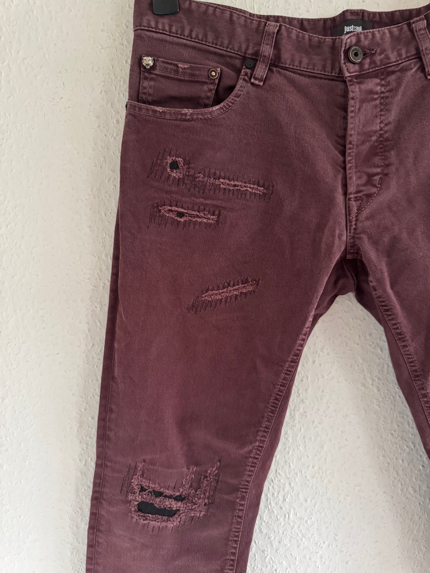 Just Cavalli Burgundy Distressed Slim Jeans