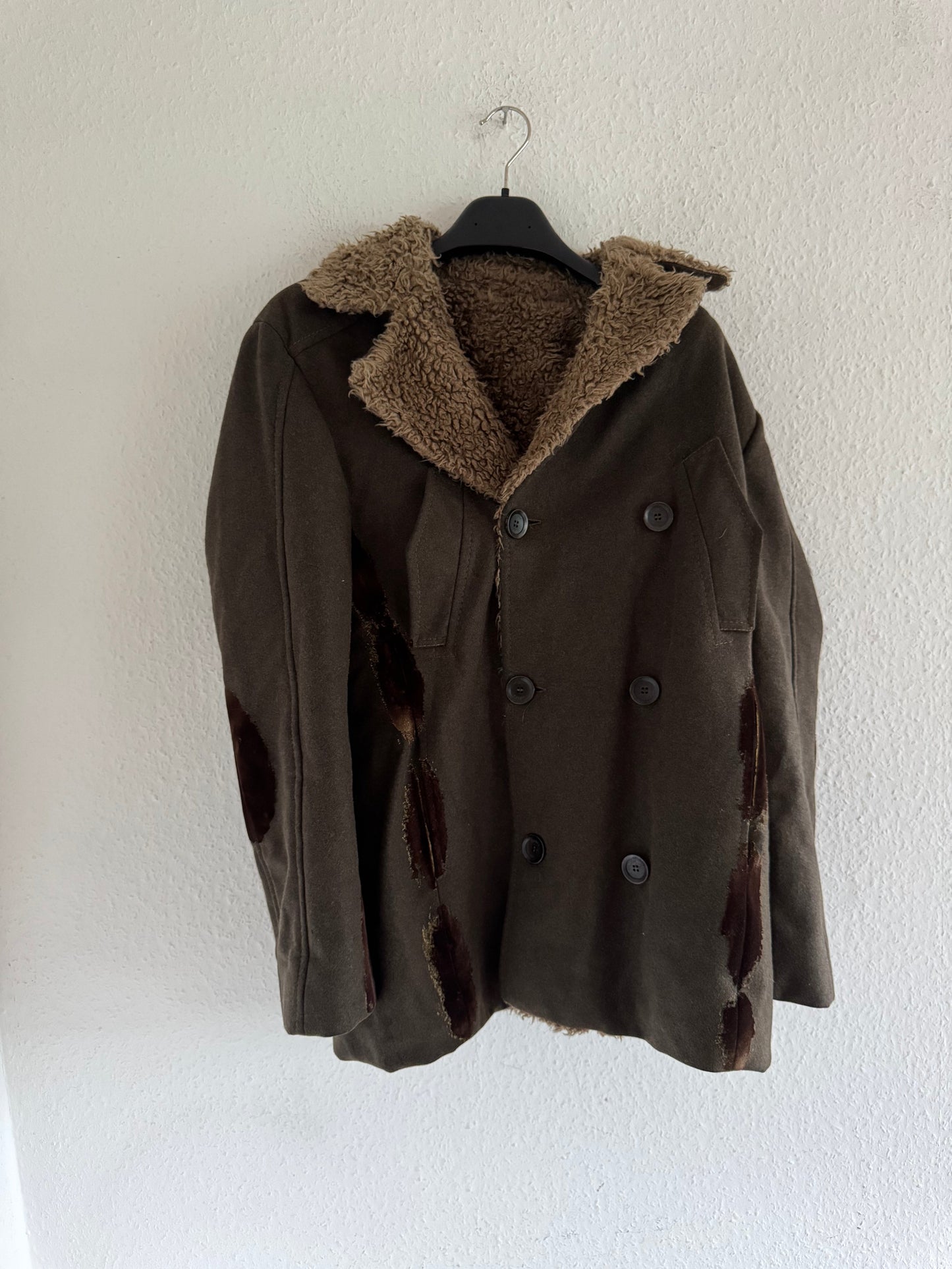 Just Cavalli Decorated Faux Fur Patch Wool Coat