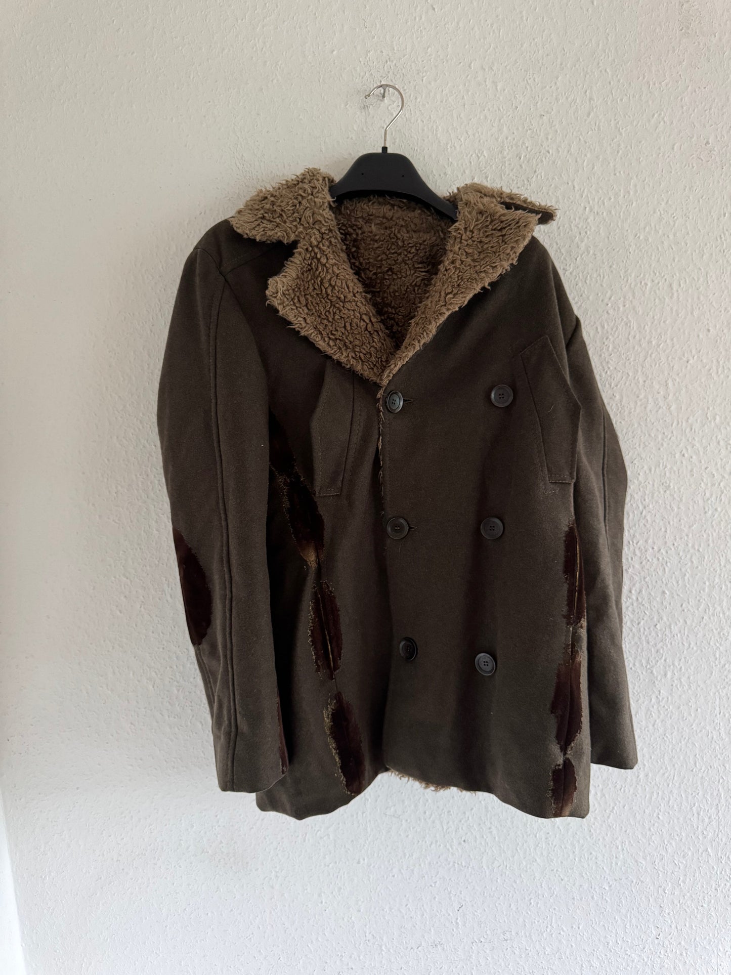 Just Cavalli Decorated Faux Fur Patch Wool Coat