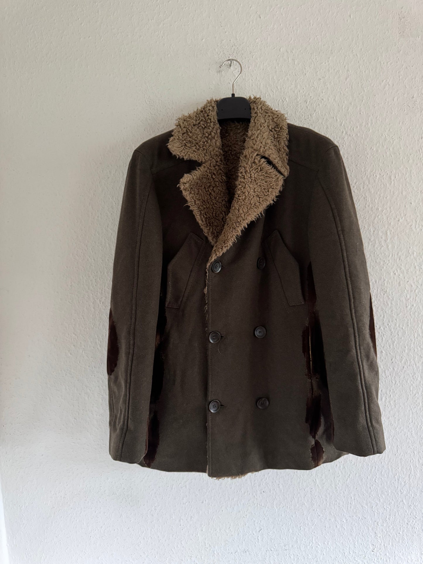 Just Cavalli Decorated Faux Fur Patch Wool Coat