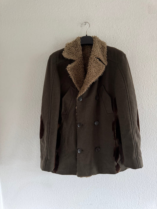 Just Cavalli Decorated Faux Fur Patch Wool Coat