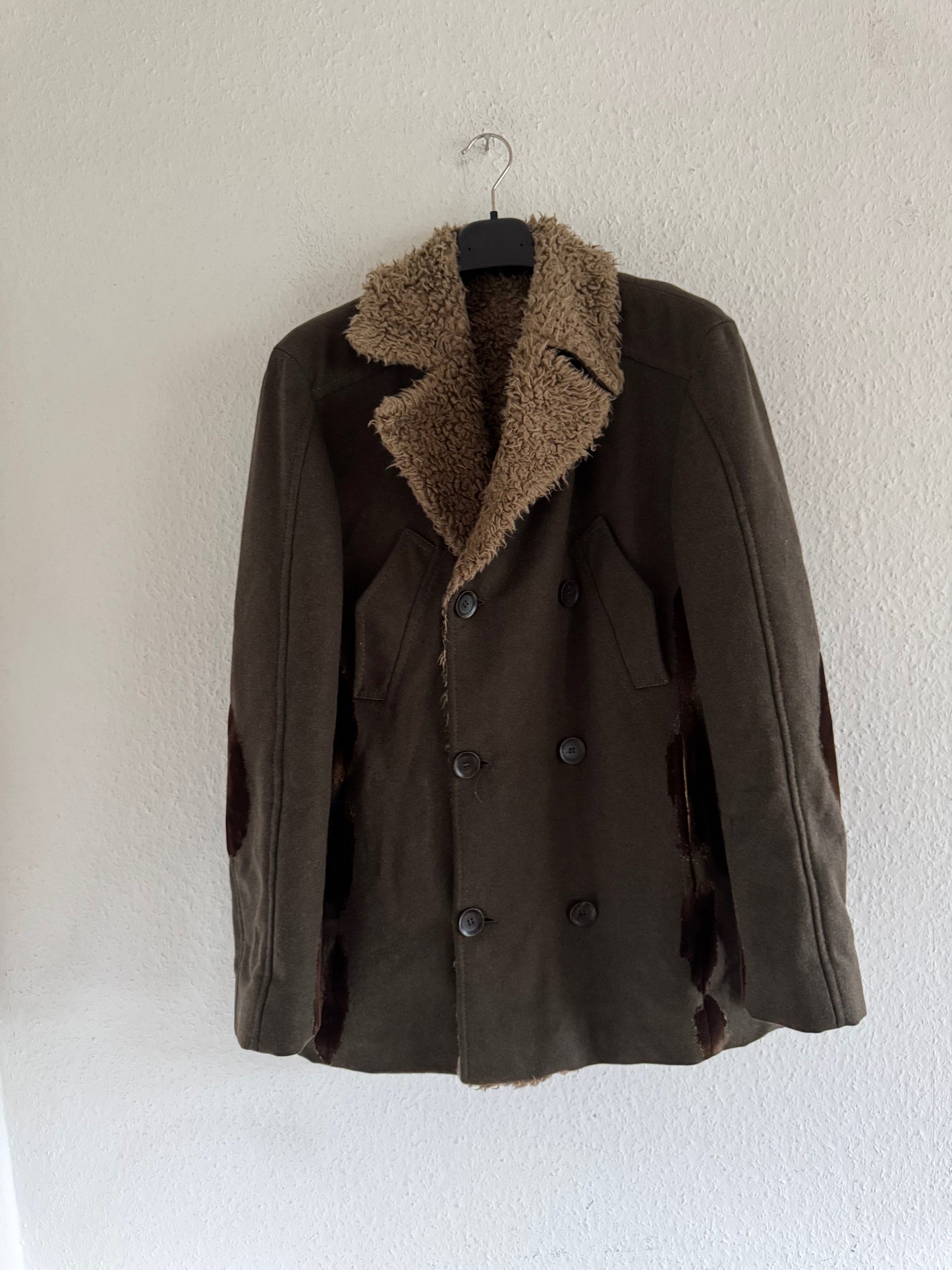 Just Cavalli Decorated Faux Fur Patch Wool Coat