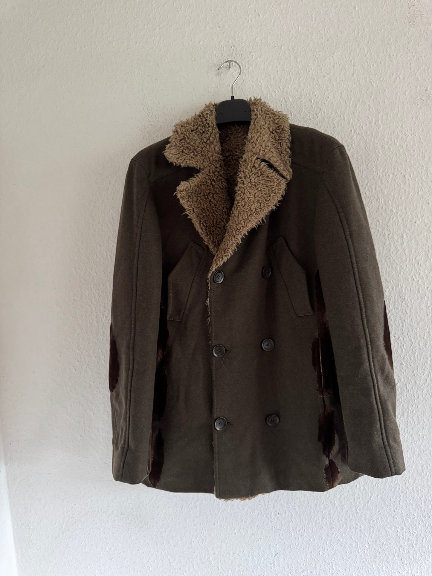 Just Cavalli Decorated Faux Fur Patch Wool Coat