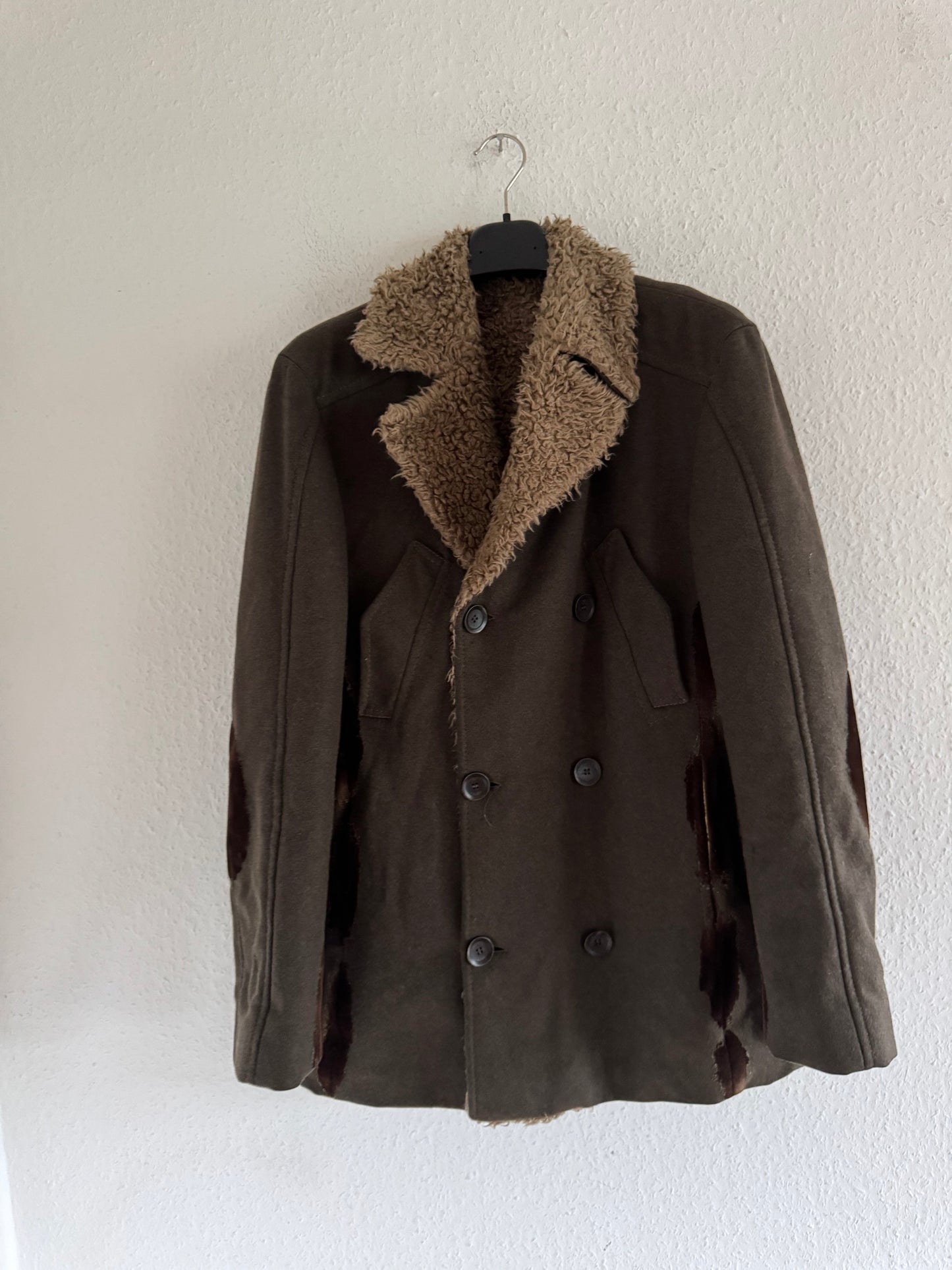 Just Cavalli Decorated Faux Fur Patch Wool Coat