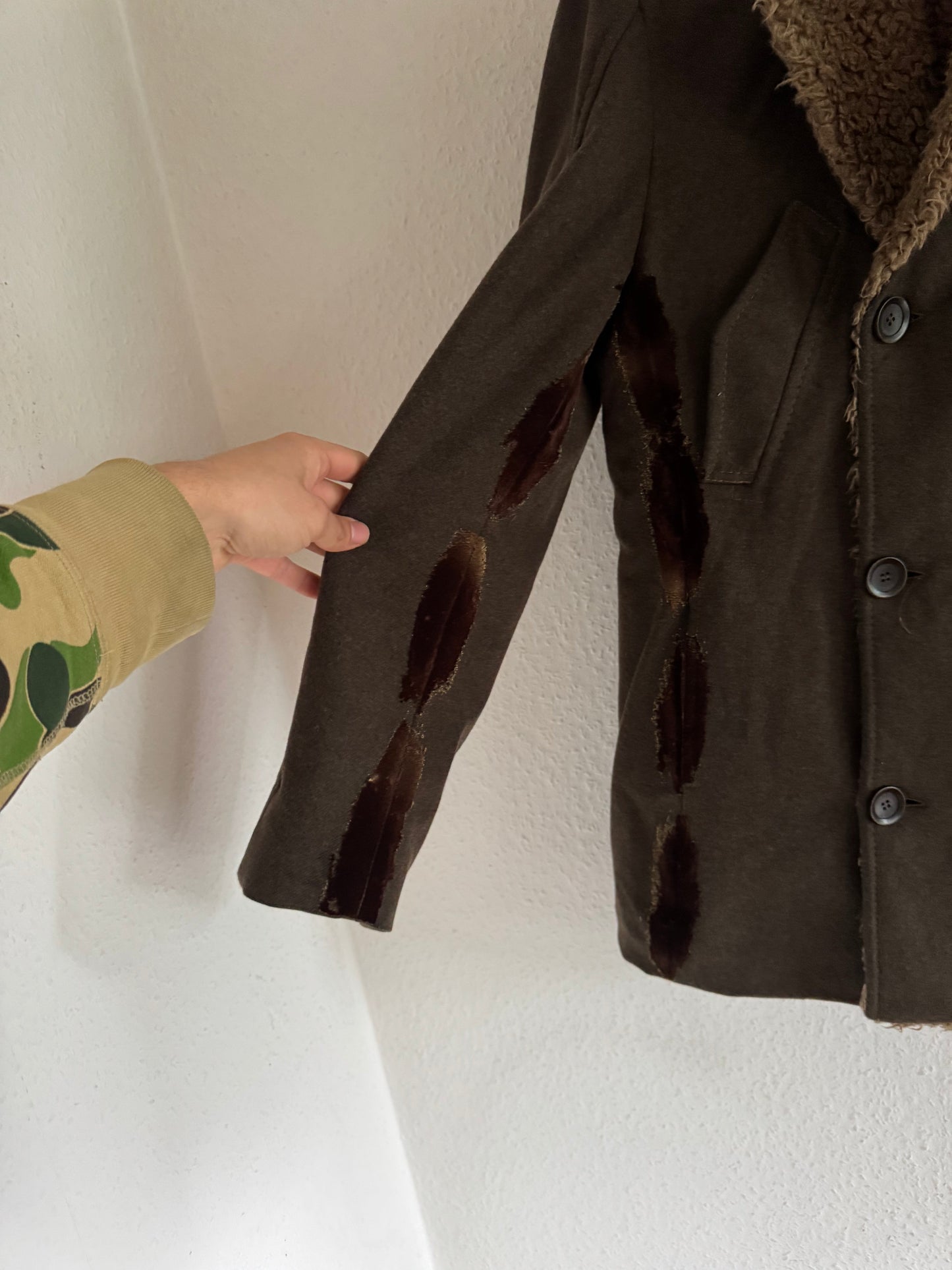Just Cavalli Decorated Faux Fur Patch Wool Coat