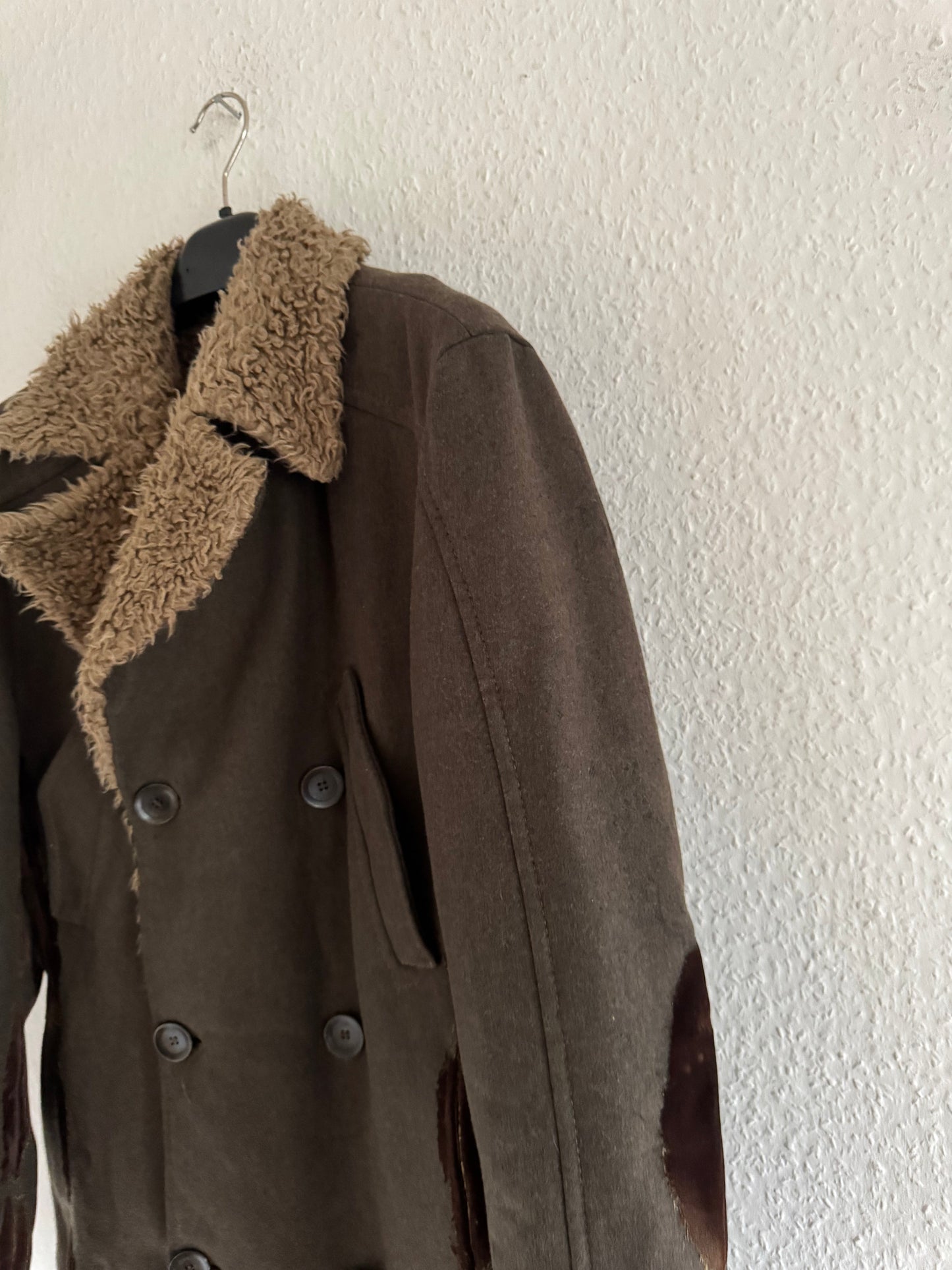 Just Cavalli Decorated Faux Fur Patch Wool Coat