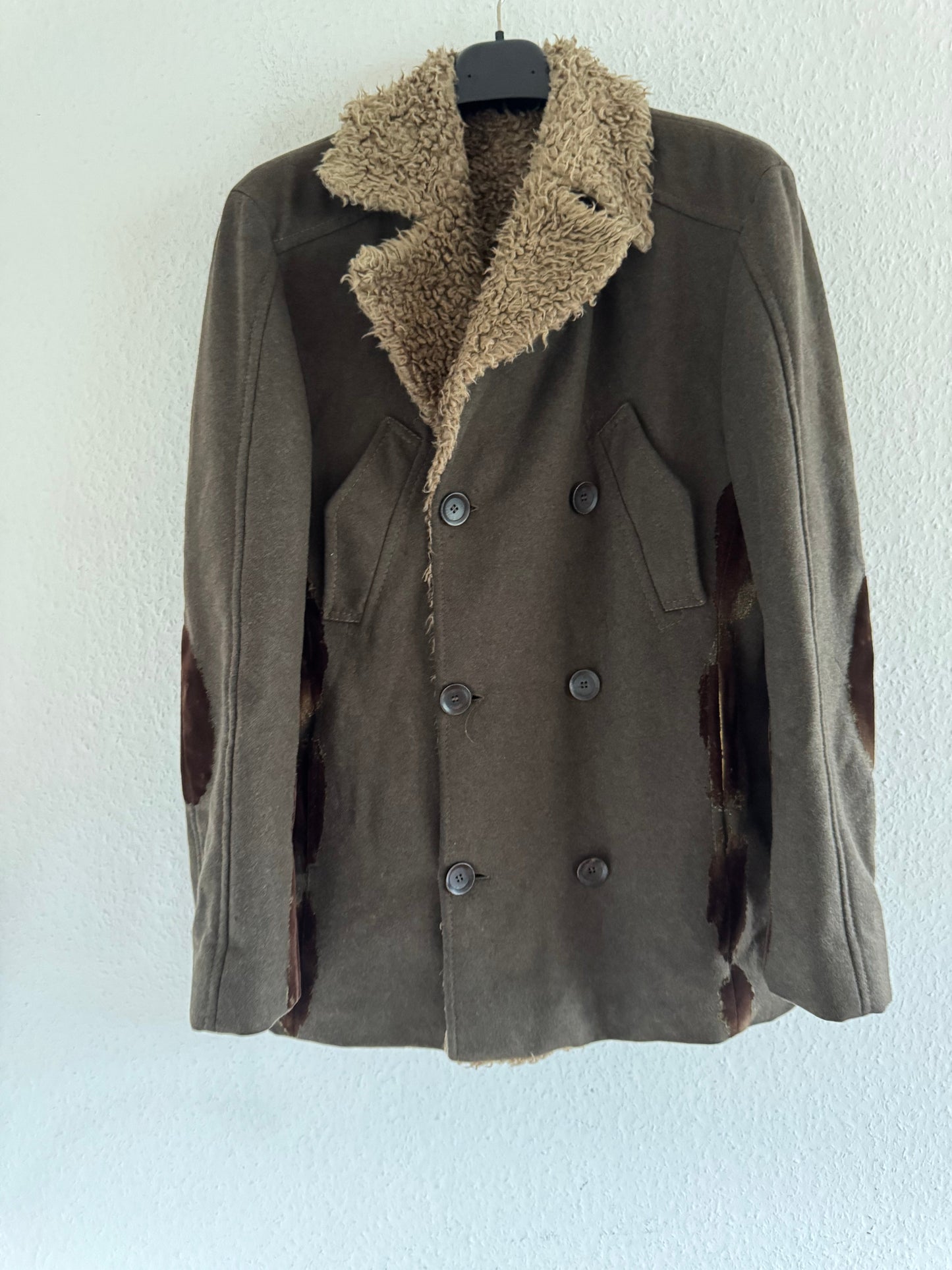 Just Cavalli Decorated Faux Fur Patch Wool Coat