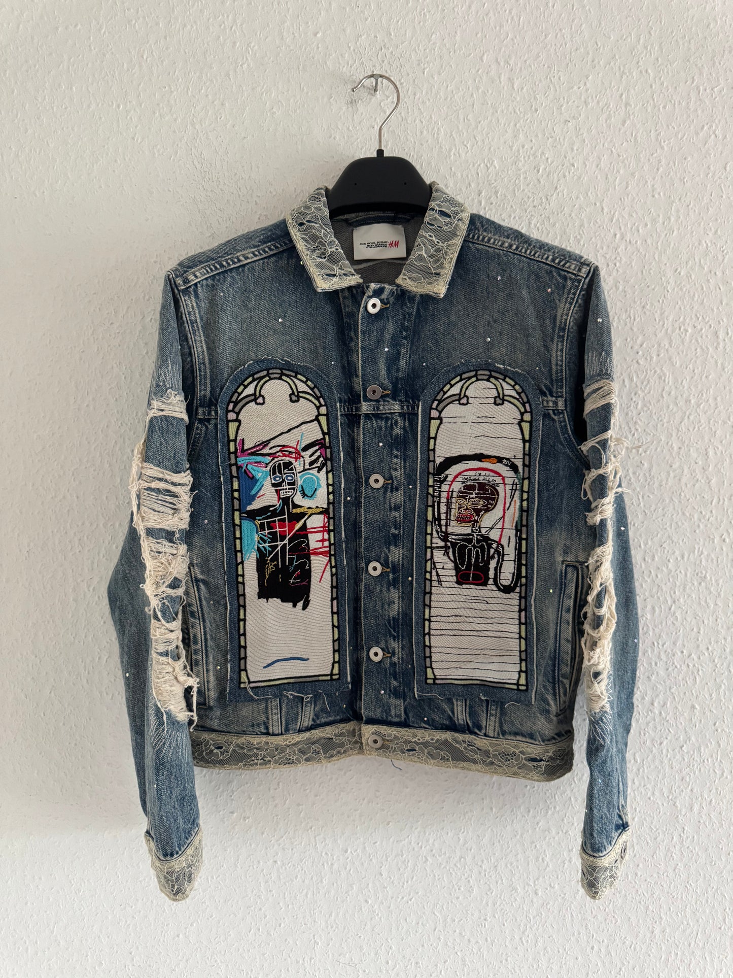 H&M × Jean-Michel Basquiat × Who Decides War Distressed Rhinestone Denim Jacket
