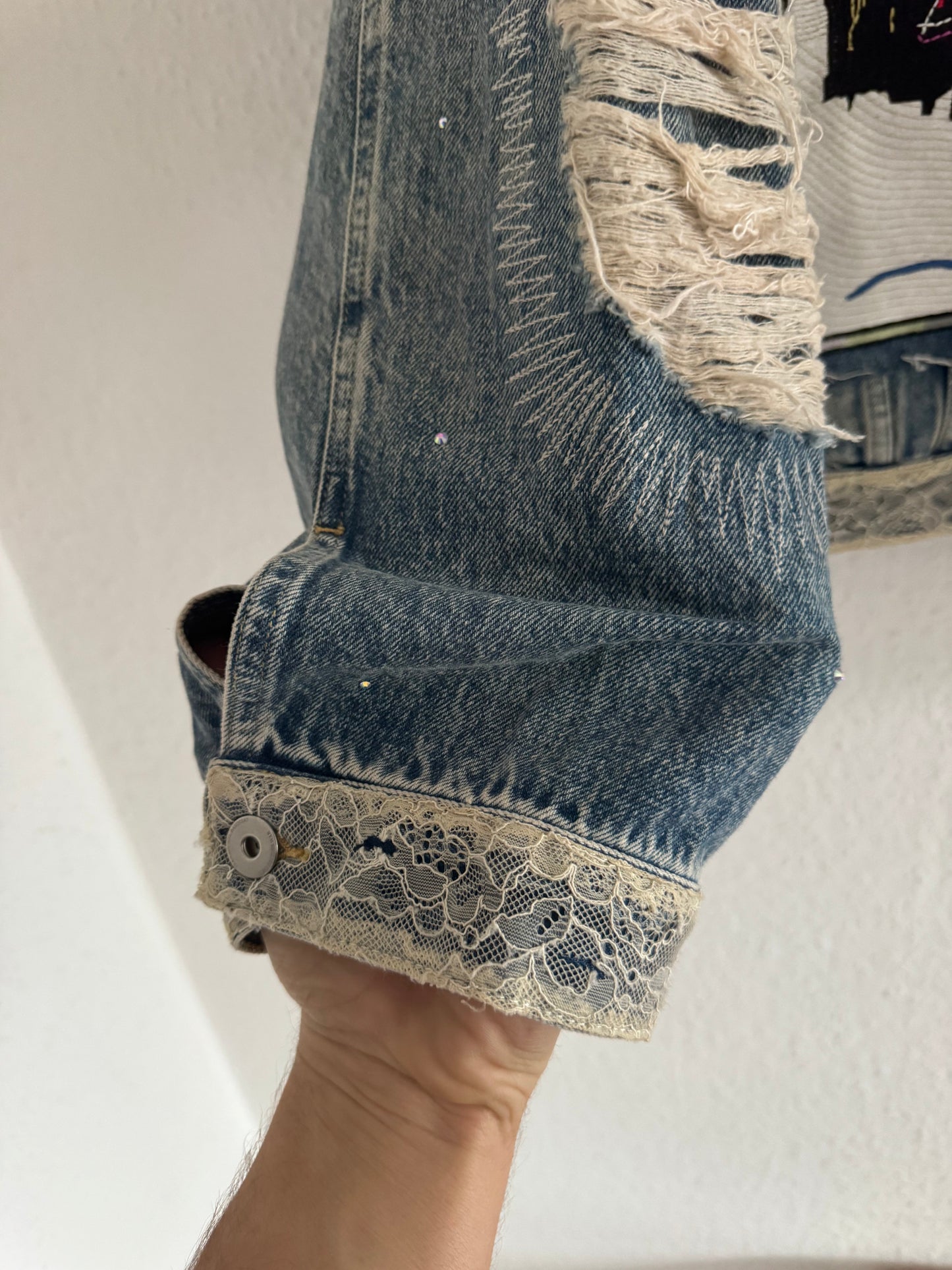 H&M × Jean-Michel Basquiat × Who Decides War Distressed Rhinestone Denim Jacket