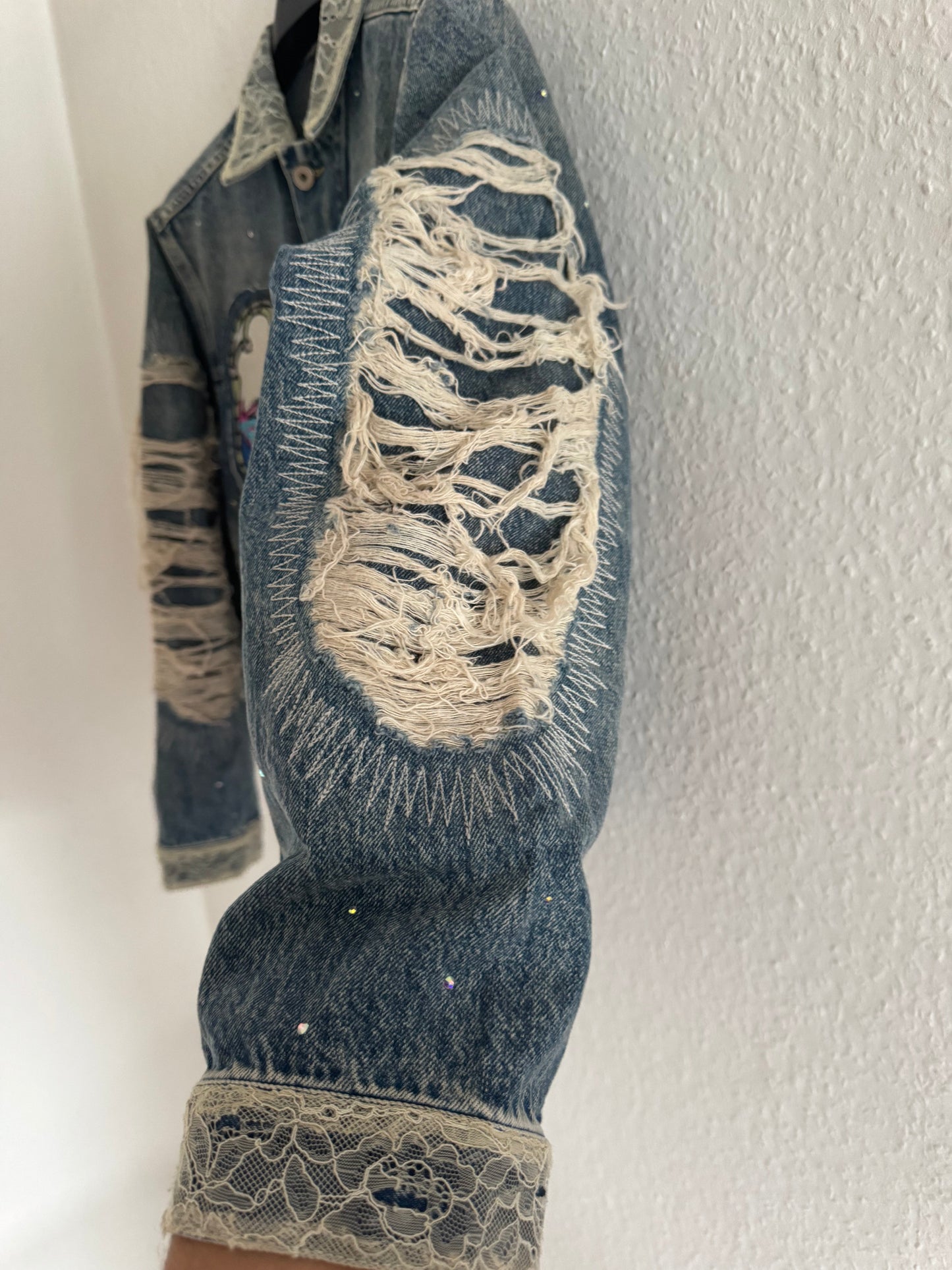 H&M × Jean-Michel Basquiat × Who Decides War Distressed Rhinestone Denim Jacket