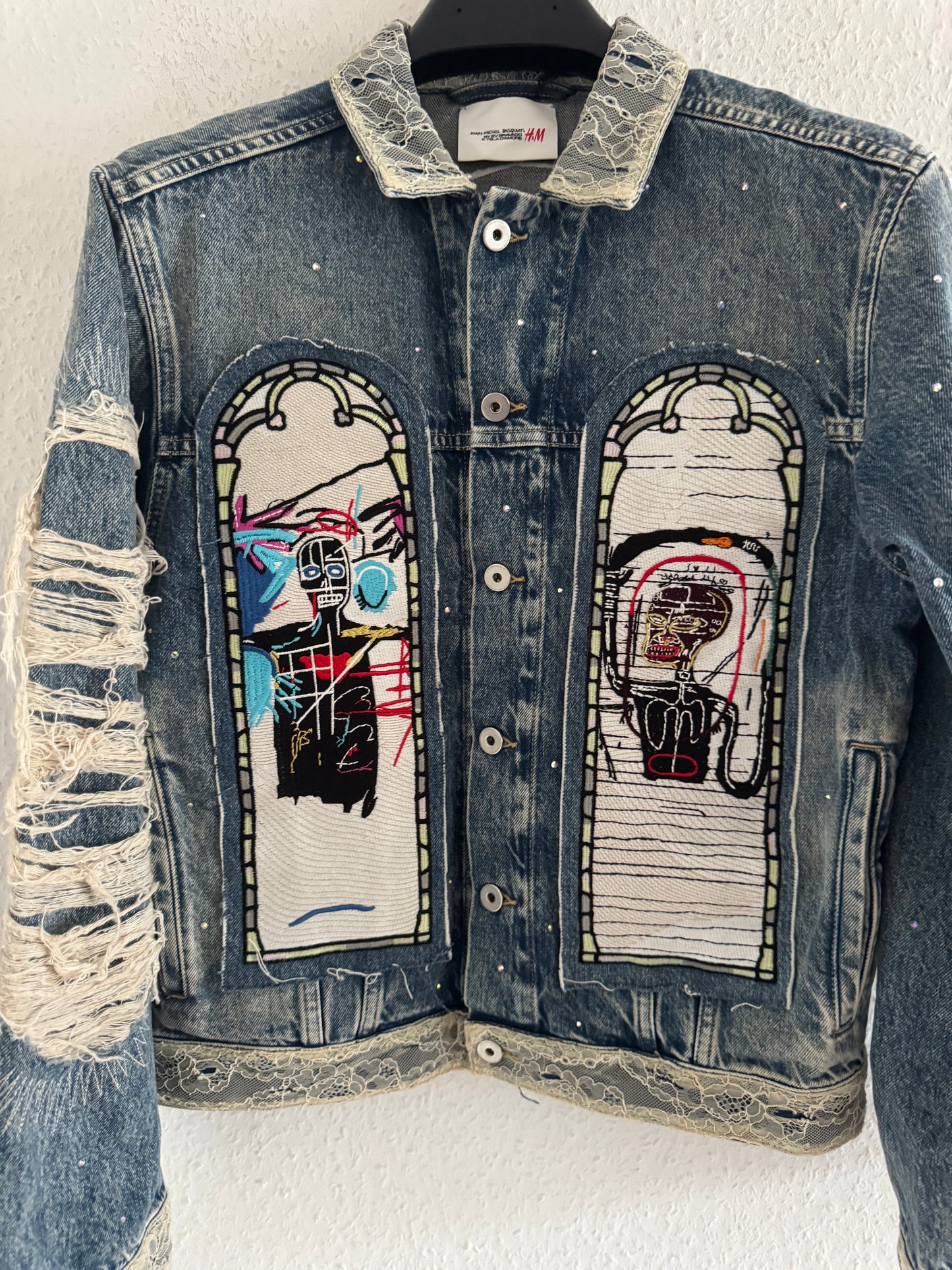 H&M × Jean-Michel Basquiat × Who Decides War Distressed Rhinestone Denim Jacket