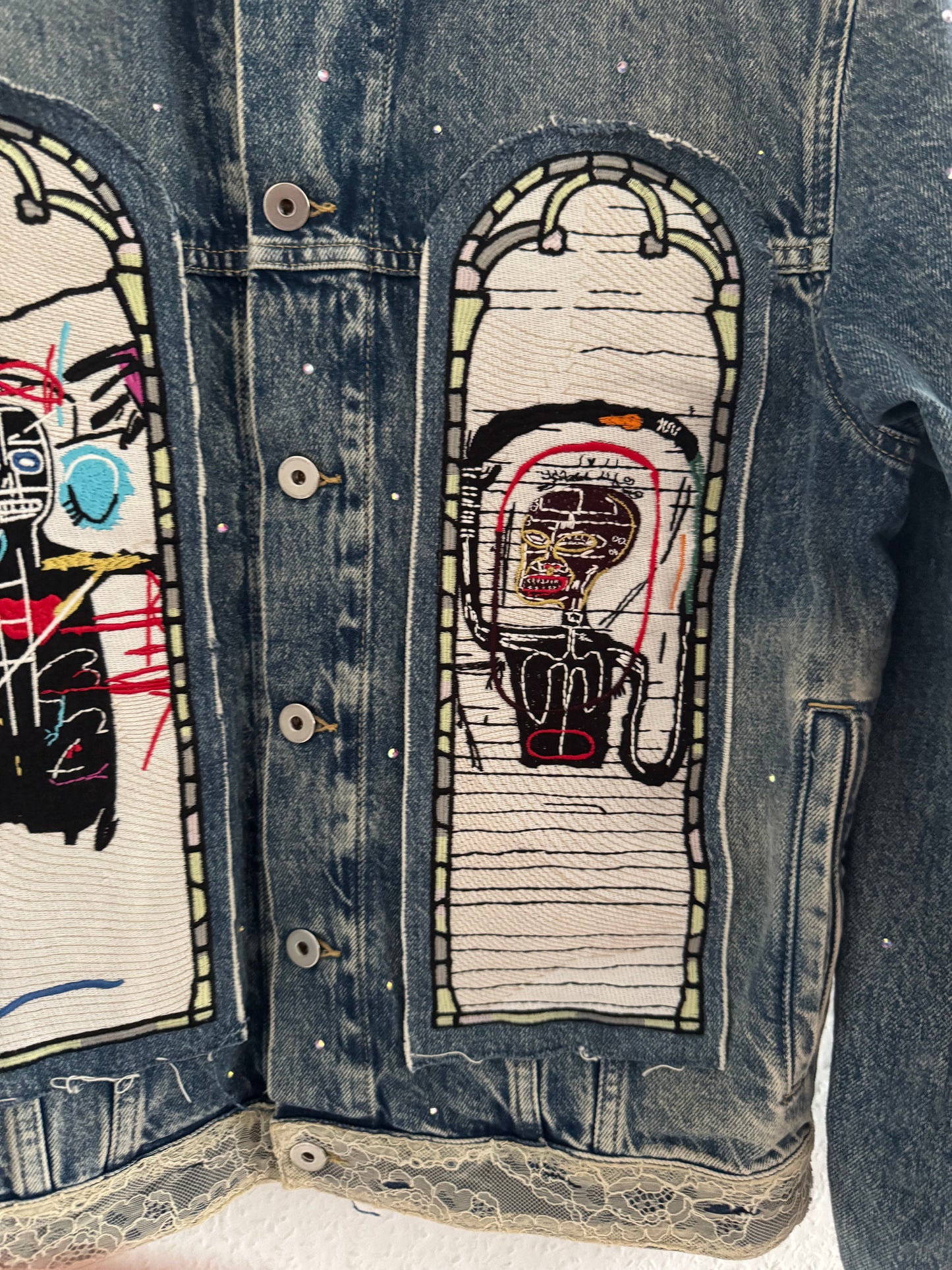H&M × Jean-Michel Basquiat × Who Decides War Distressed Rhinestone Denim Jacket