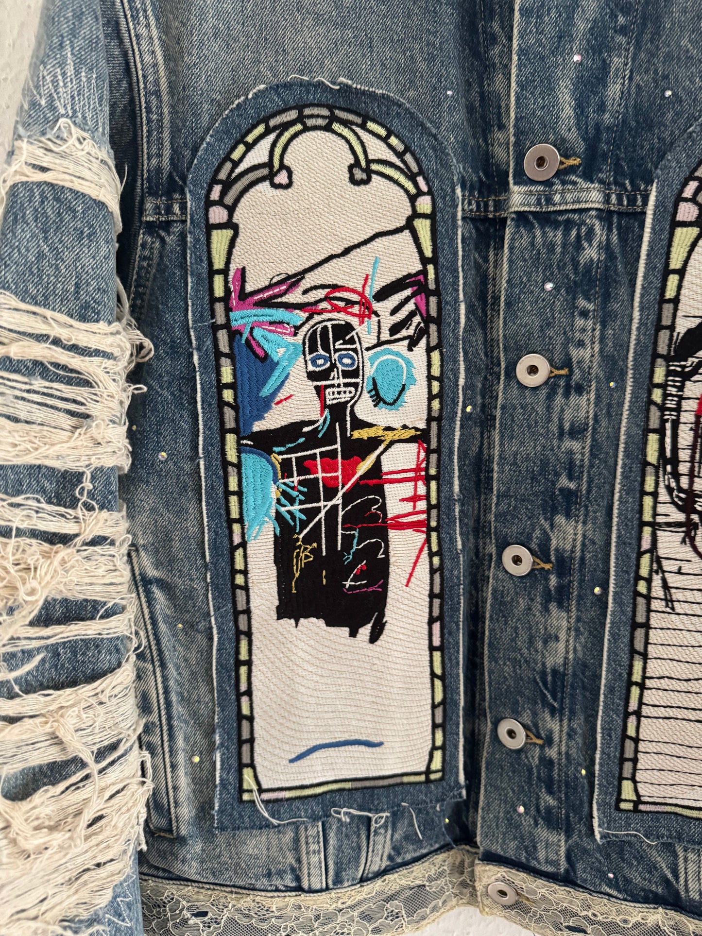 H&M × Jean-Michel Basquiat × Who Decides War Distressed Rhinestone Denim Jacket