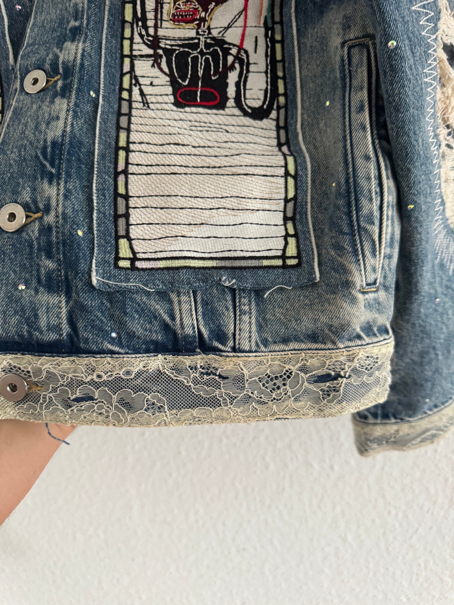 H&M × Jean-Michel Basquiat × Who Decides War Distressed Rhinestone Denim Jacket