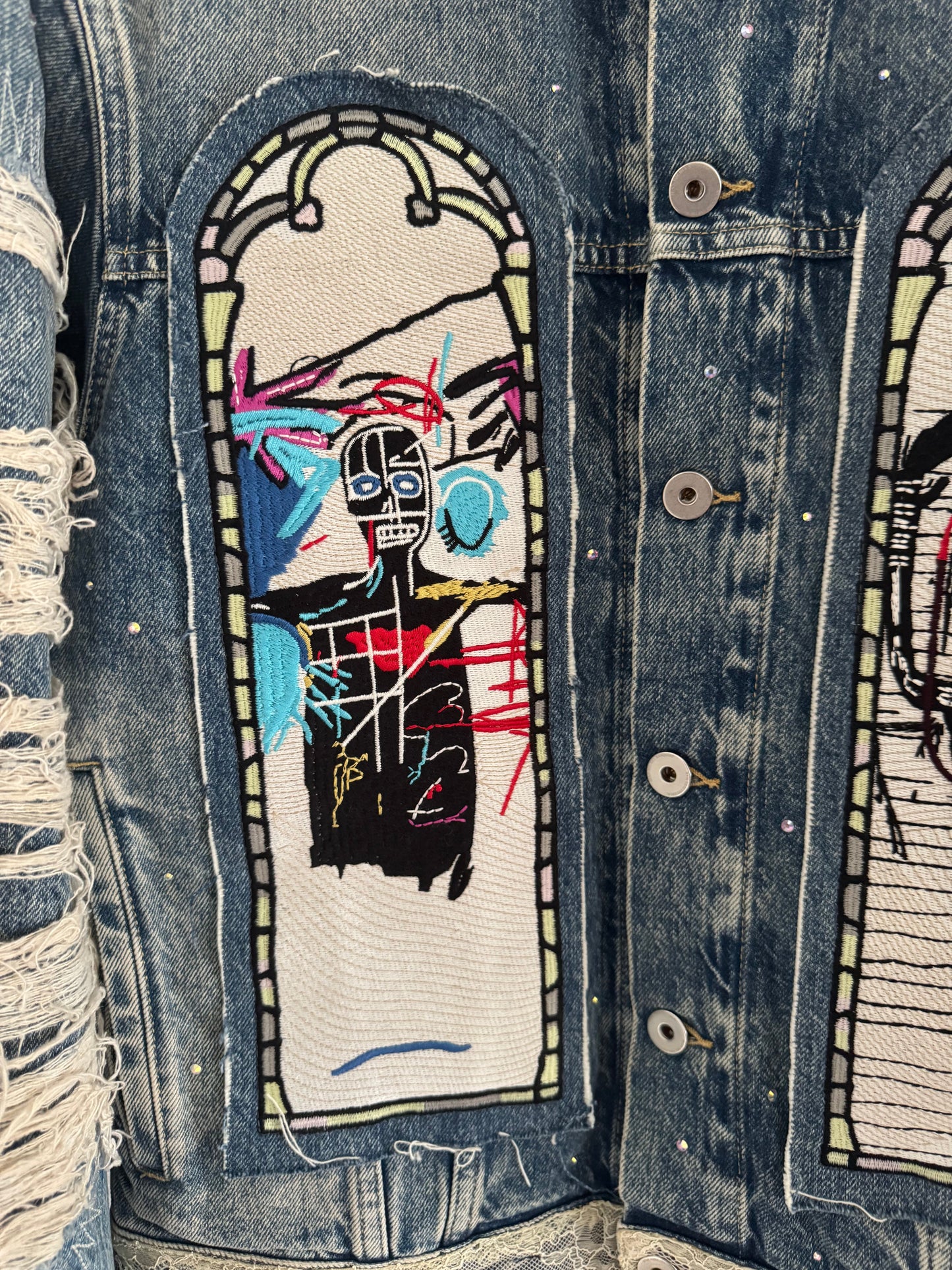 H&M × Jean-Michel Basquiat × Who Decides War Distressed Rhinestone Denim Jacket