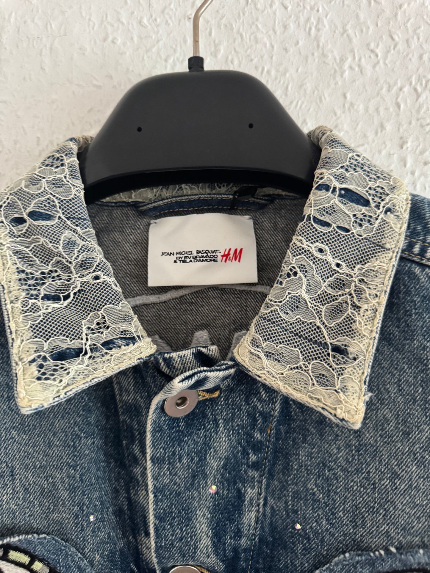 H&M × Jean-Michel Basquiat × Who Decides War Distressed Rhinestone Denim Jacket