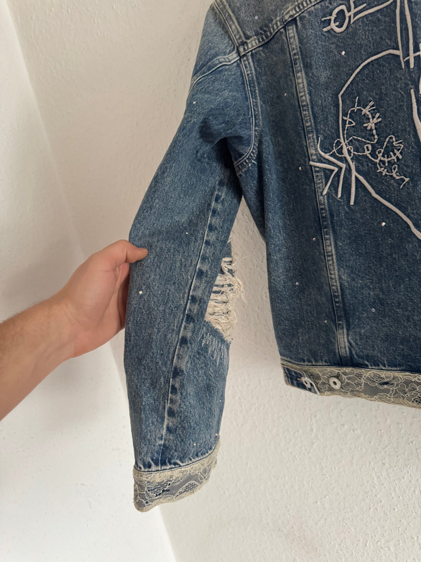 H&M × Jean-Michel Basquiat × Who Decides War Distressed Rhinestone Denim Jacket