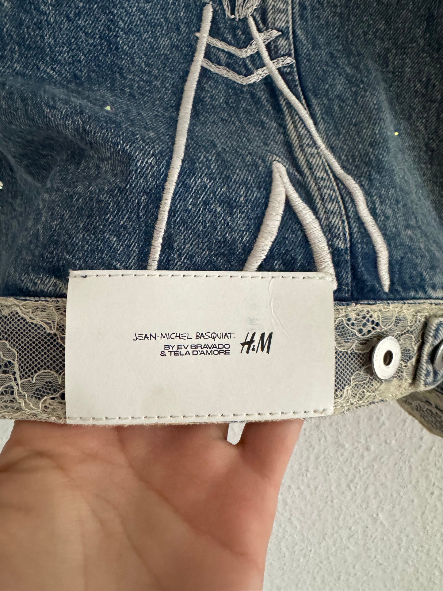 H&M × Jean-Michel Basquiat × Who Decides War Distressed Rhinestone Denim Jacket