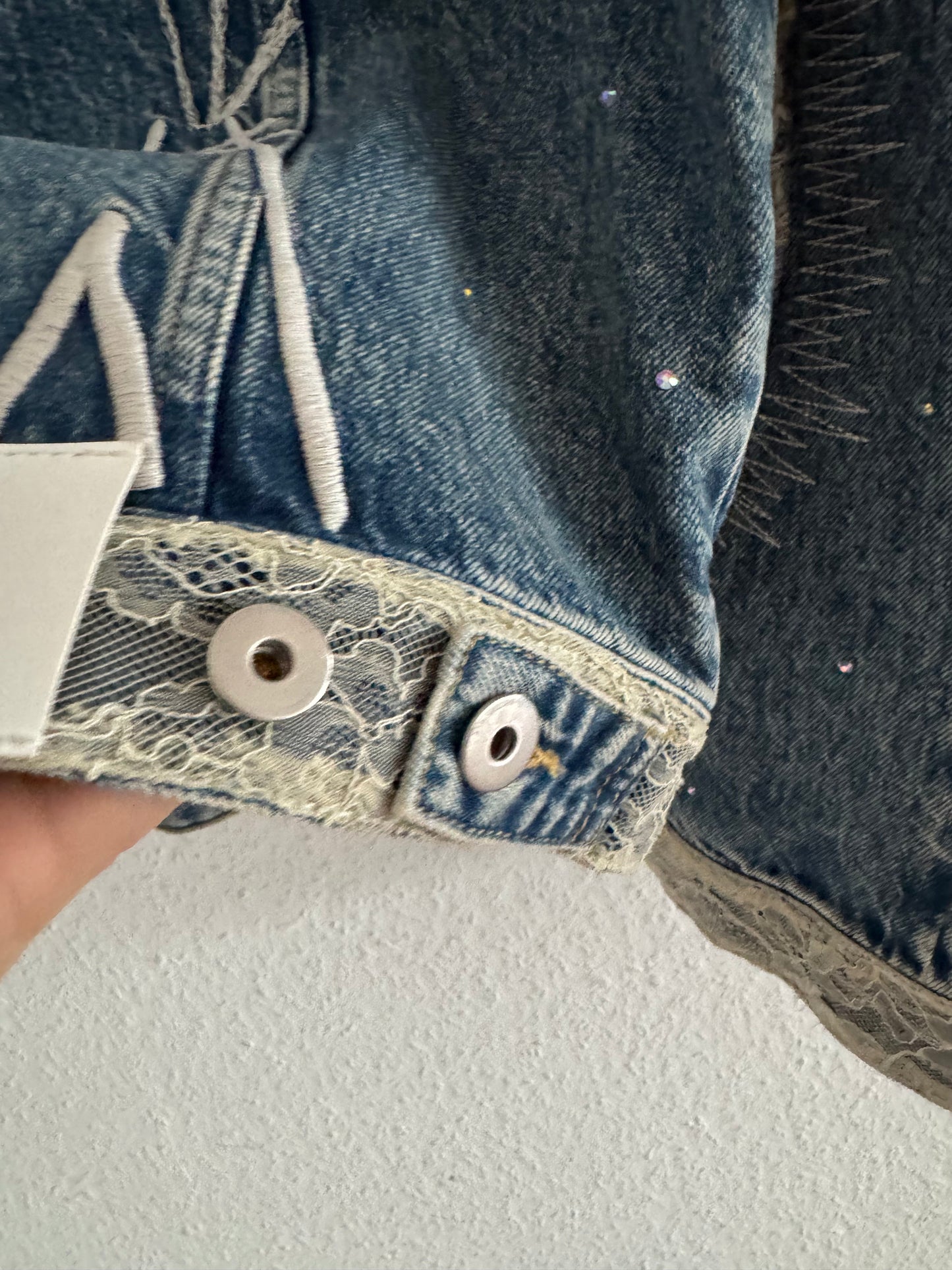 H&M × Jean-Michel Basquiat × Who Decides War Distressed Rhinestone Denim Jacket