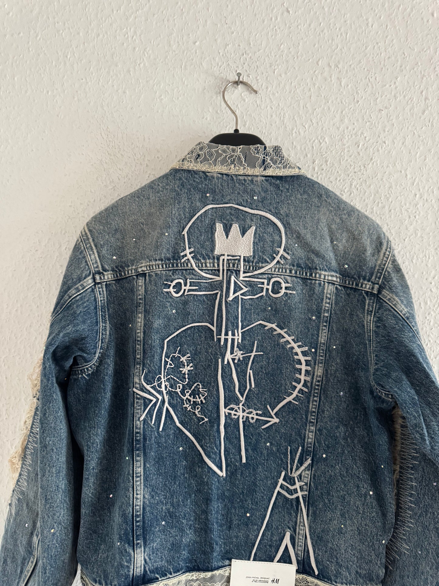 H&M × Jean-Michel Basquiat × Who Decides War Distressed Rhinestone Denim Jacket