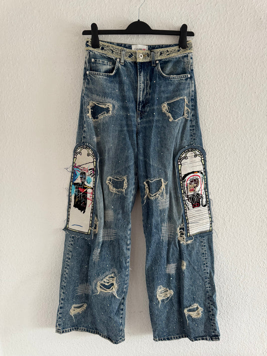 H&M × Jean-Michel Basquiat × Who Decides War Distressed Rhinestone Graphic Denim Jeans