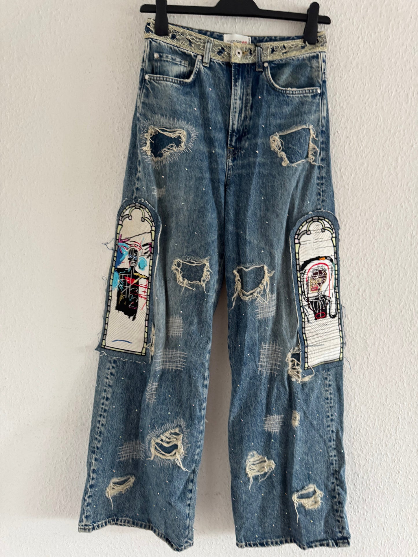 H&M × Jean-Michel Basquiat × Who Decides War Distressed Rhinestone Graphic Denim Jeans
