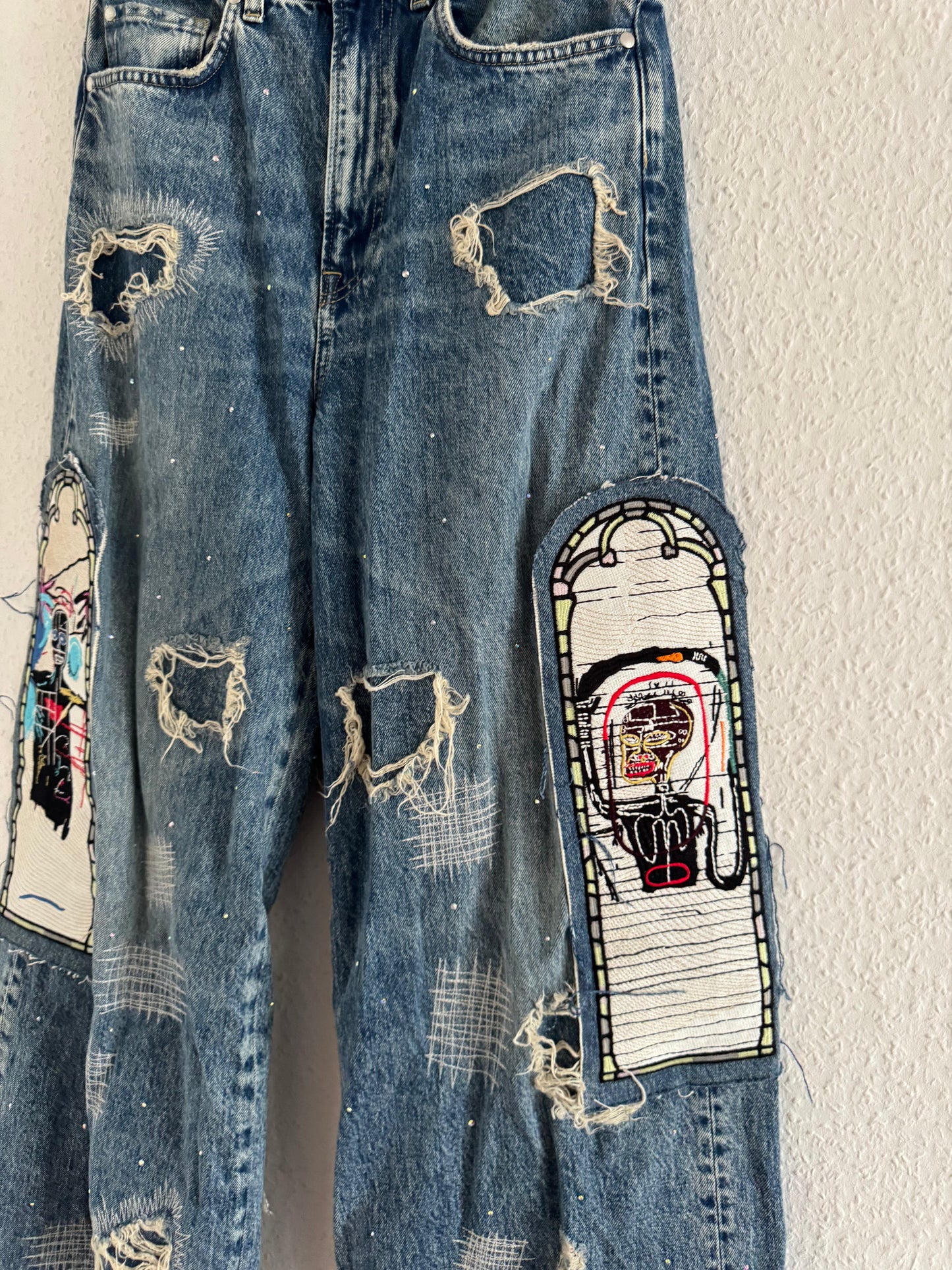 H&M × Jean-Michel Basquiat × Who Decides War Distressed Rhinestone Graphic Denim Jeans