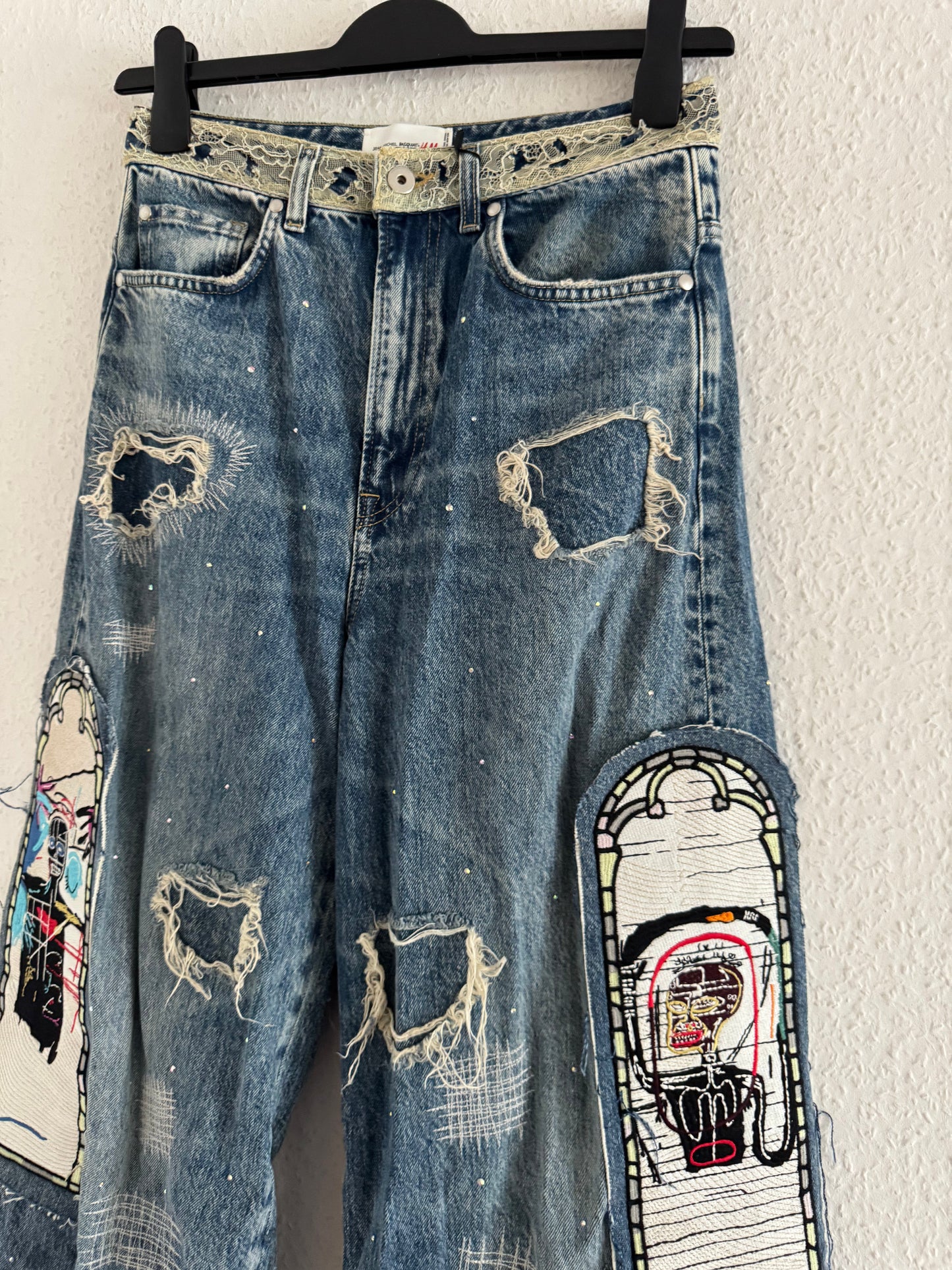 H&M × Jean-Michel Basquiat × Who Decides War Distressed Rhinestone Graphic Denim Jeans