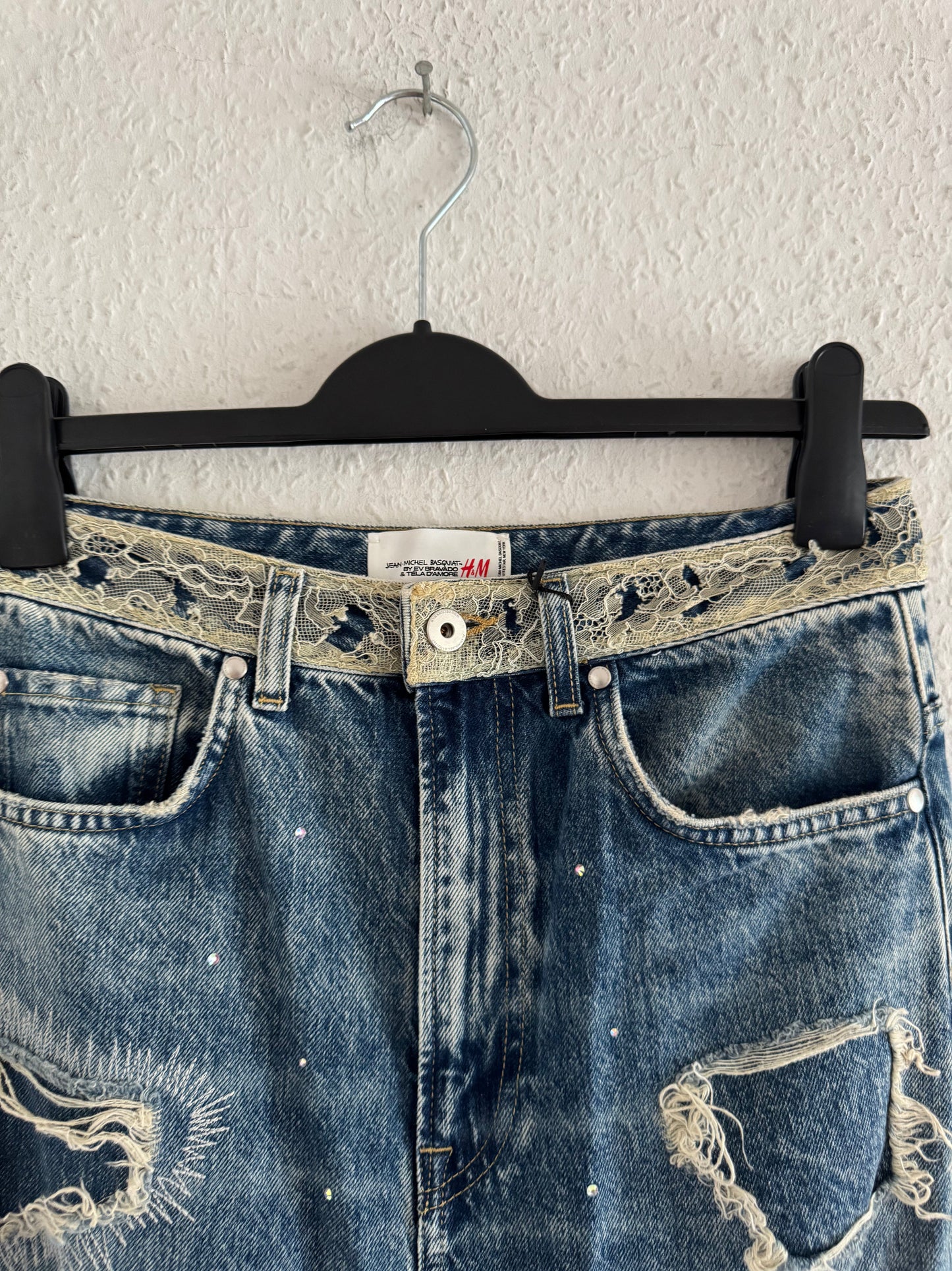 H&M × Jean-Michel Basquiat × Who Decides War Distressed Rhinestone Graphic Denim Jeans