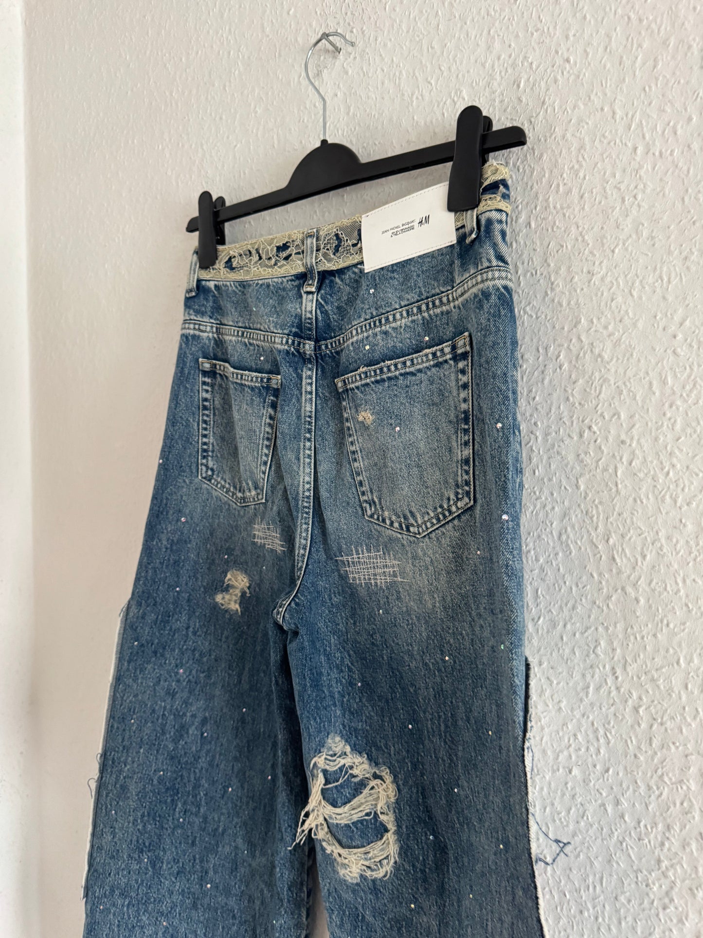 H&M × Jean-Michel Basquiat × Who Decides War Distressed Rhinestone Graphic Denim Jeans