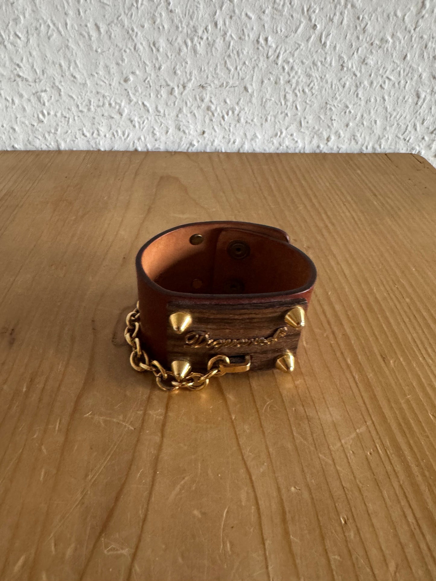 Dsquared2 Wood Plaque Studded Leather Bracelet