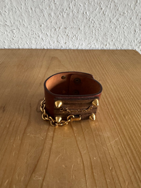 Dsquared2 Wood Plaque Studded Leather Bracelet