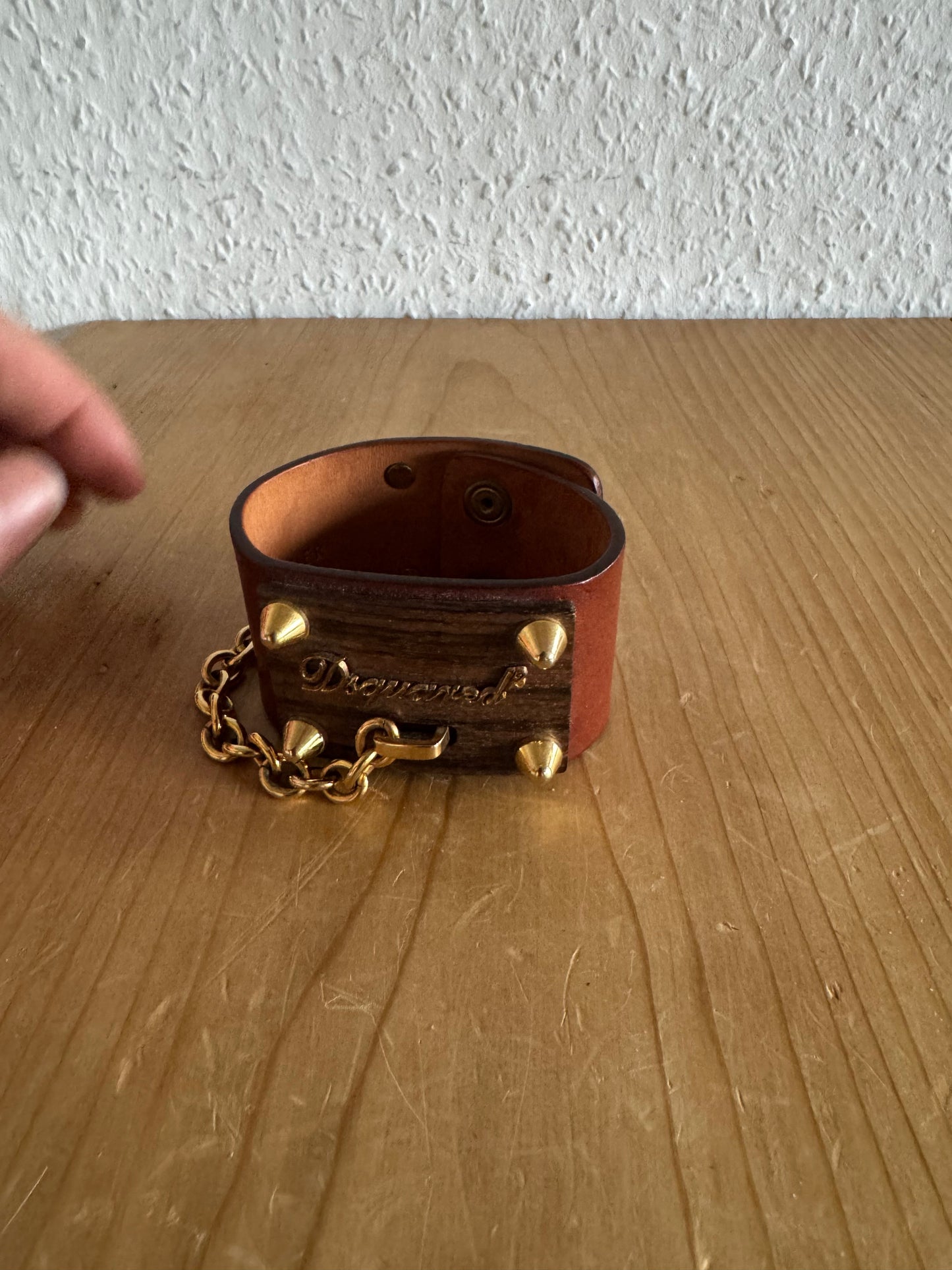 Dsquared2 Wood Plaque Studded Leather Bracelet
