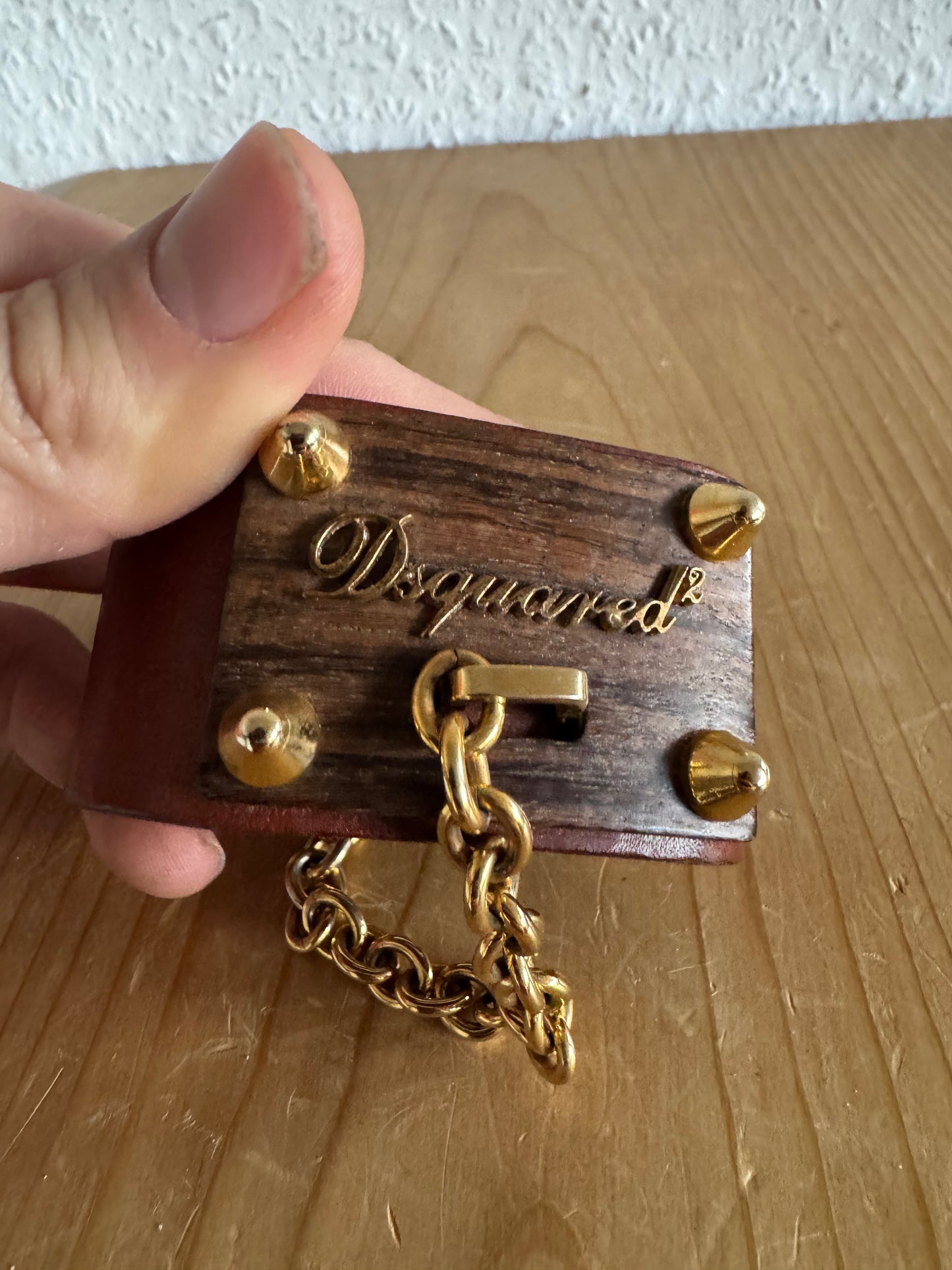 Dsquared2 Wood Plaque Studded Leather Bracelet