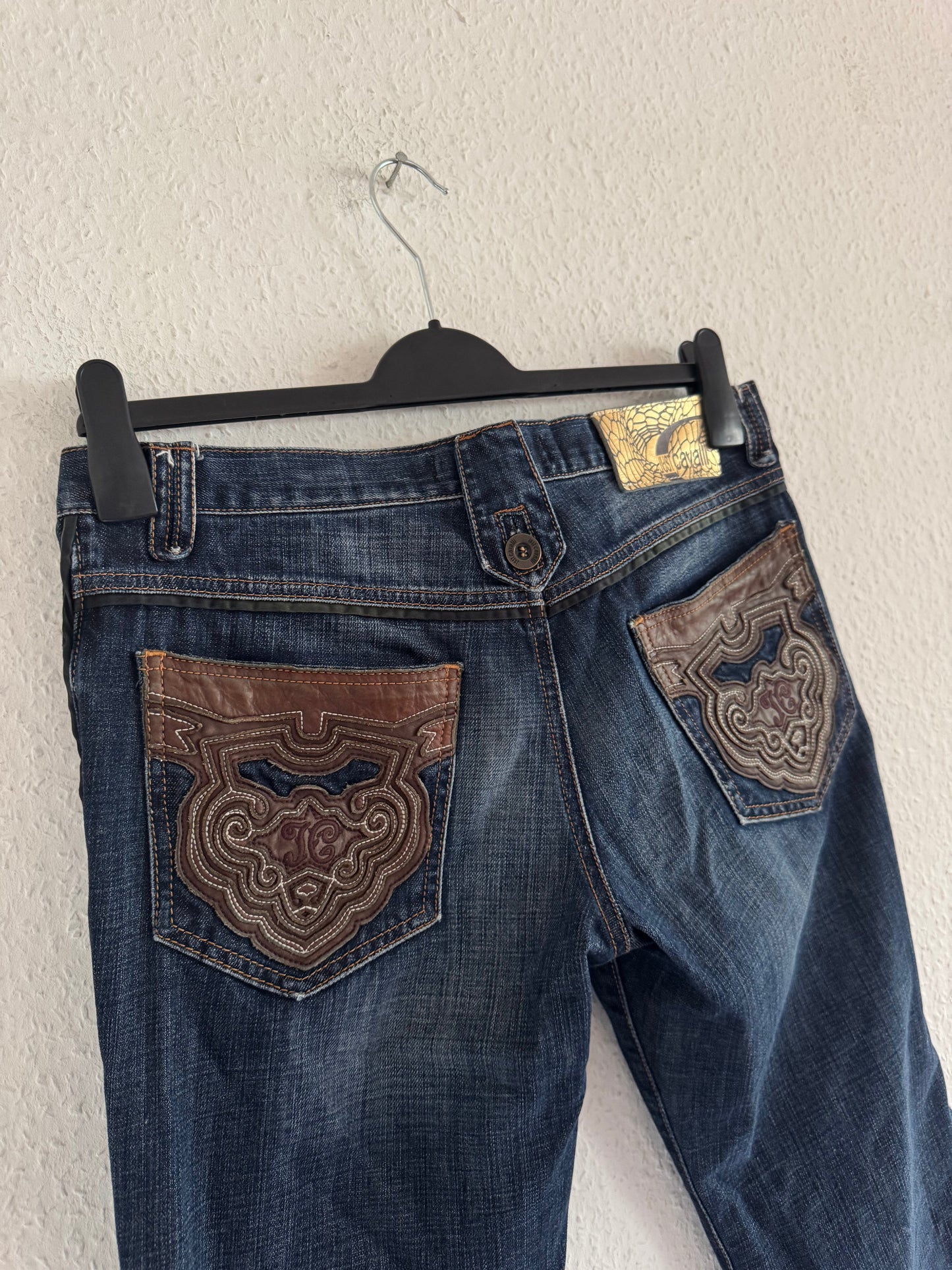 Just Cavalli Ornate Leather Pocket Denim Jeans