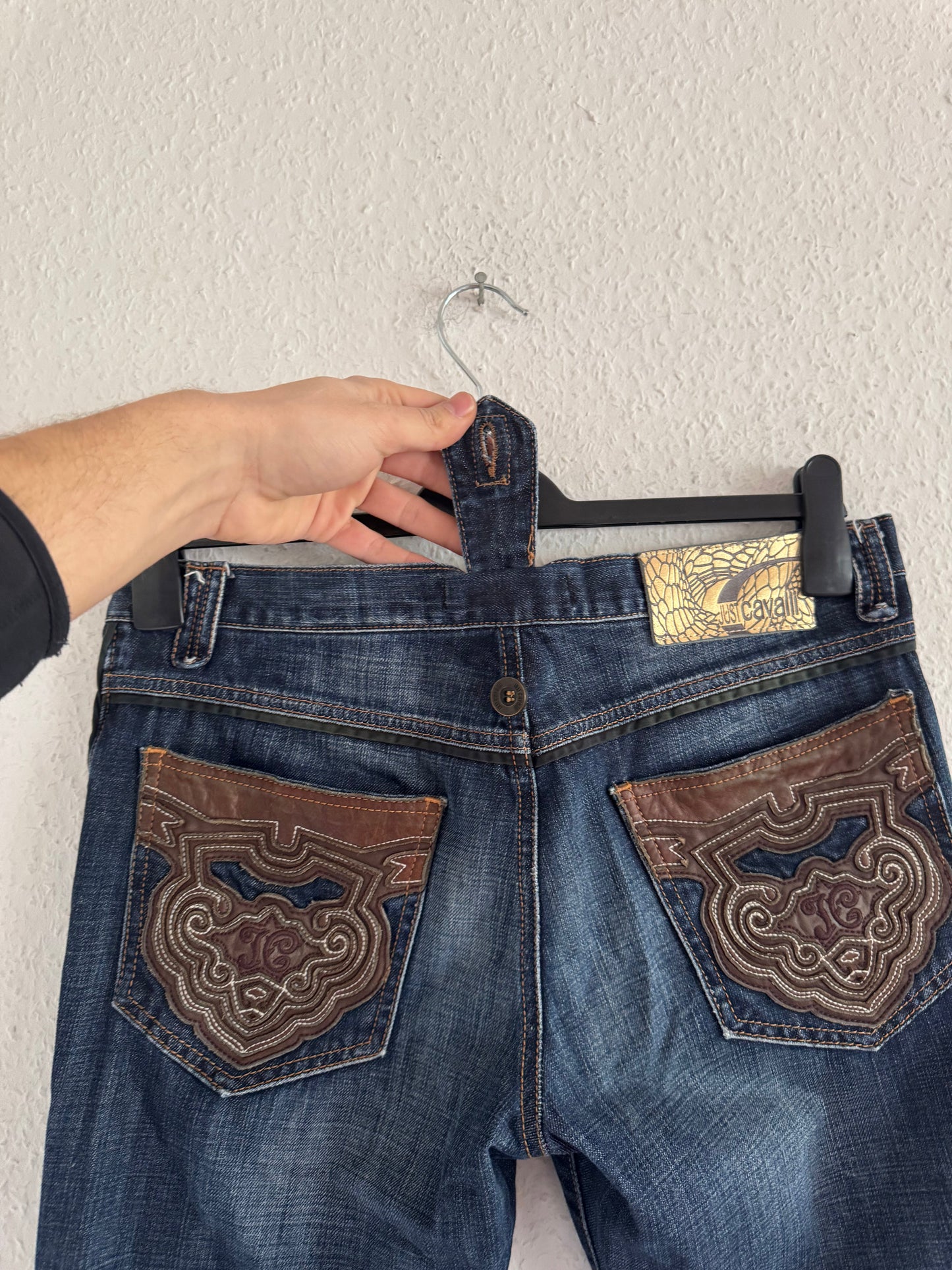 Just Cavalli Ornate Leather Pocket Denim Jeans