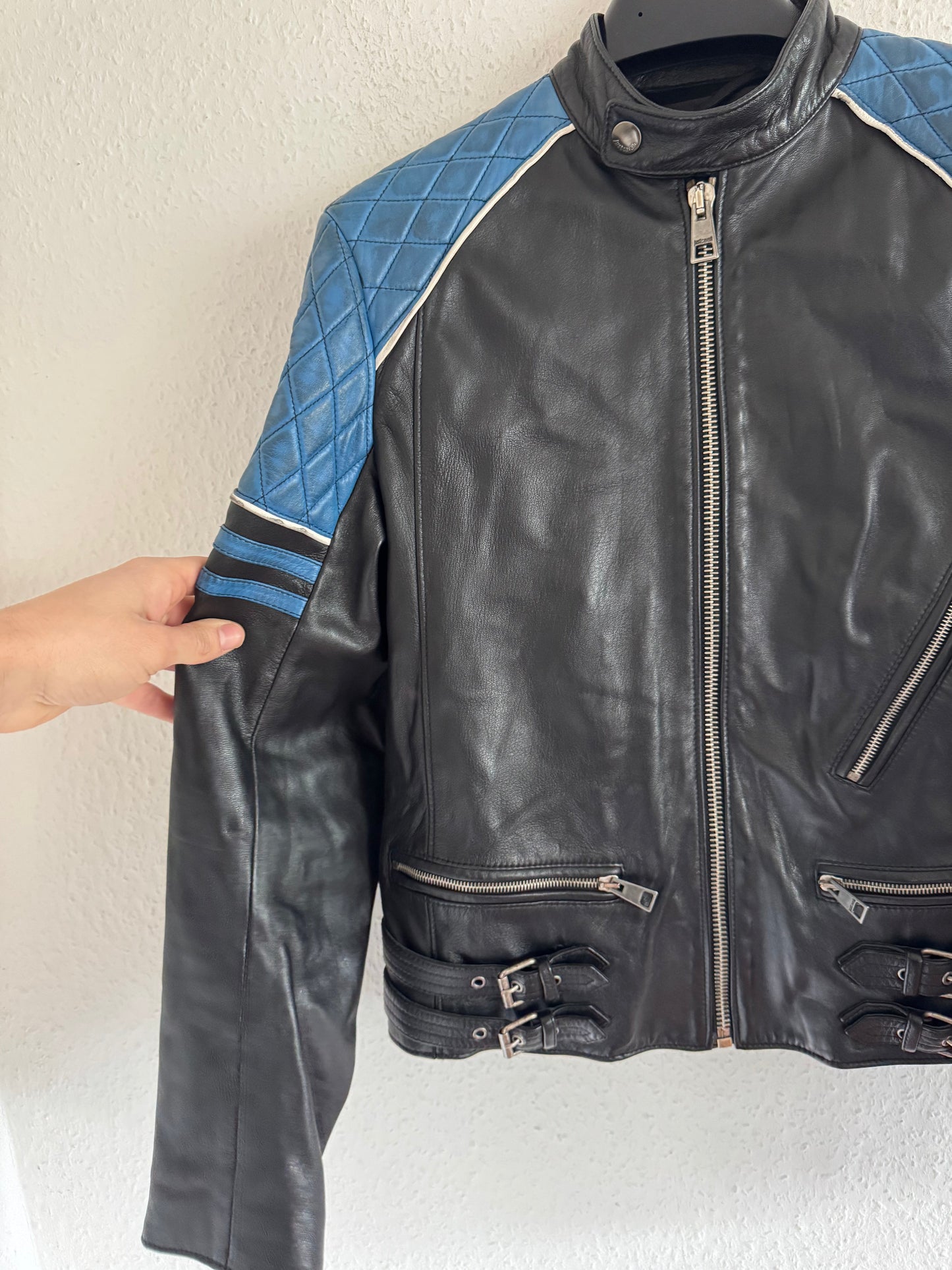 Just Cavalli Quilted Panel Leather Biker Jacket