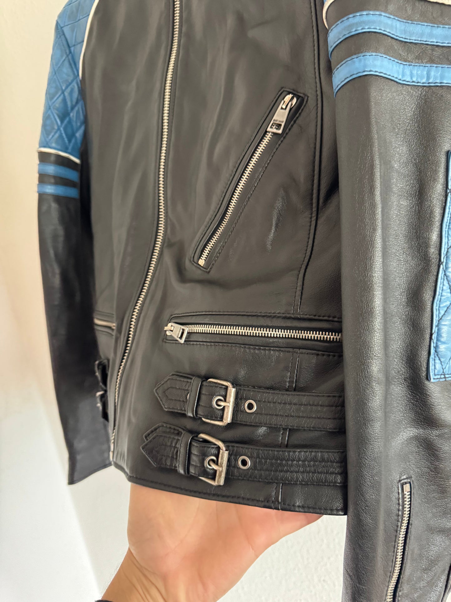 Just Cavalli Quilted Panel Leather Biker Jacket