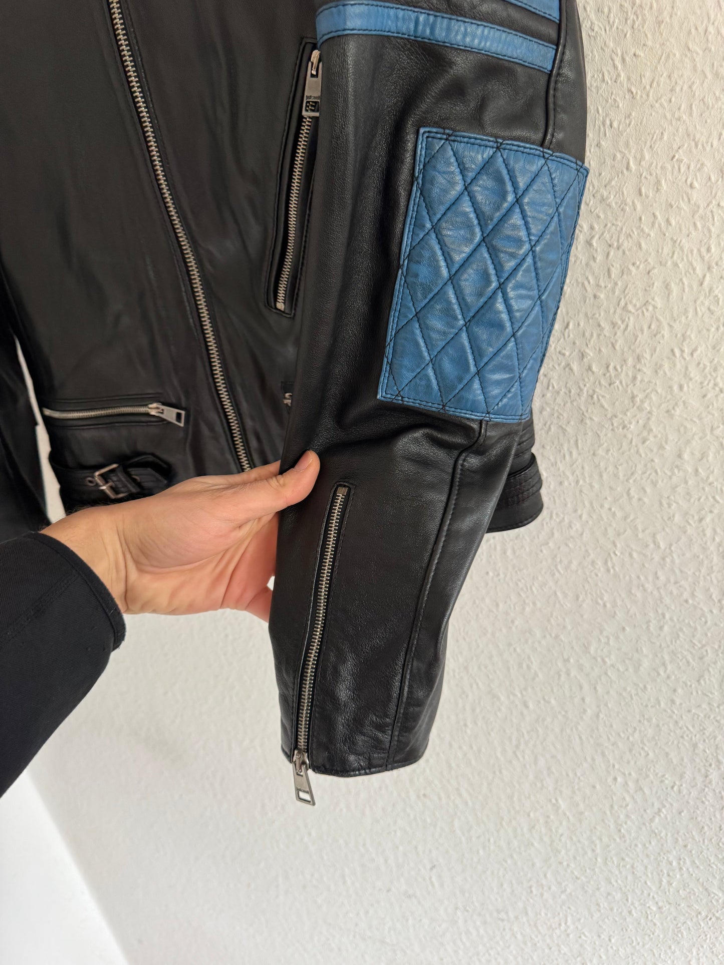 Just Cavalli Quilted Panel Leather Biker Jacket