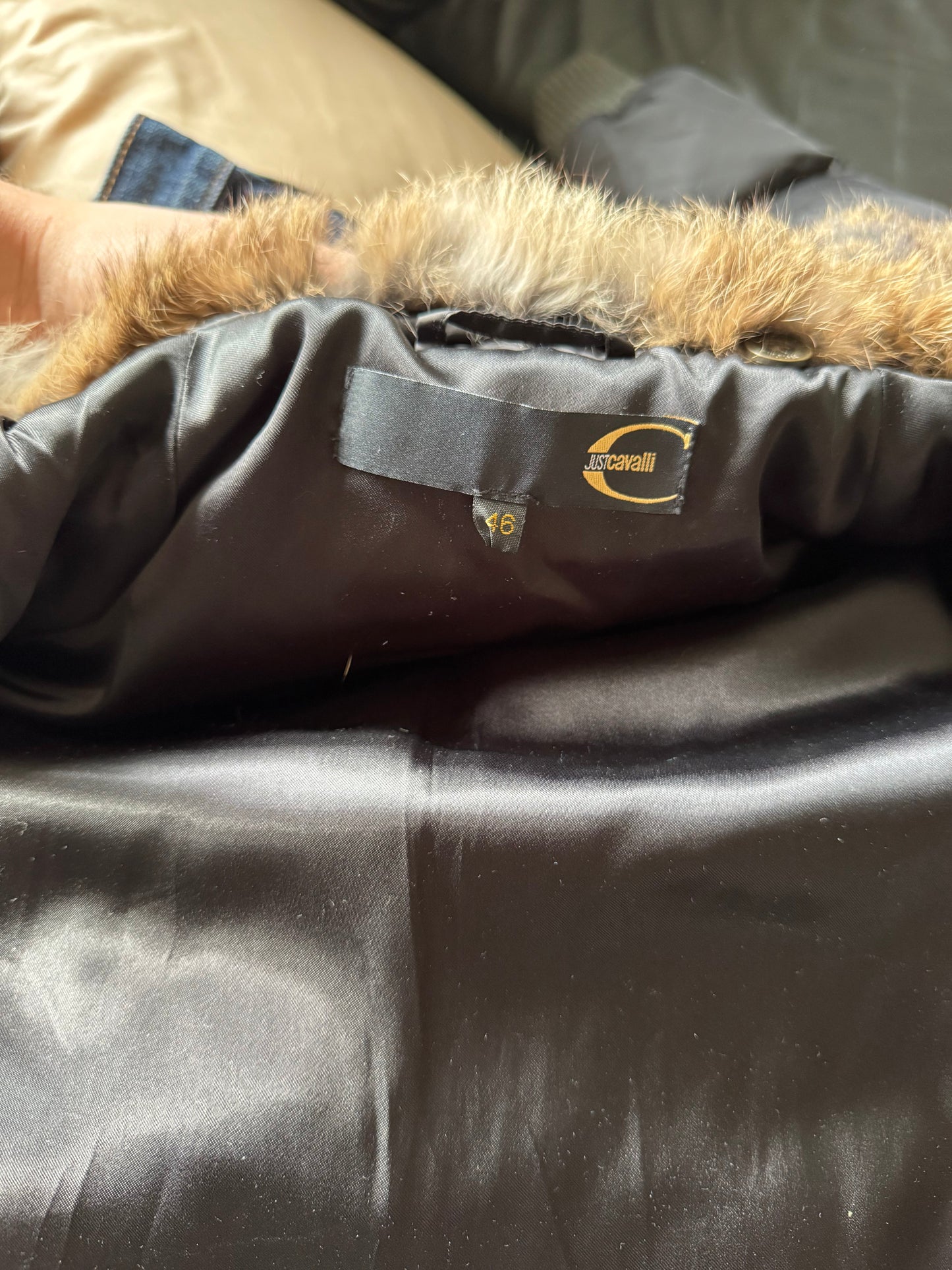 Just Cavalli Vintage Leather Trim Rabbit Fur Down Puffer Coat
