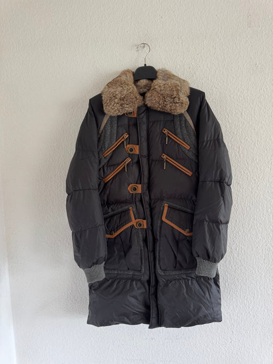 Just Cavalli Vintage Leather Trim Rabbit Fur Down Puffer Coat