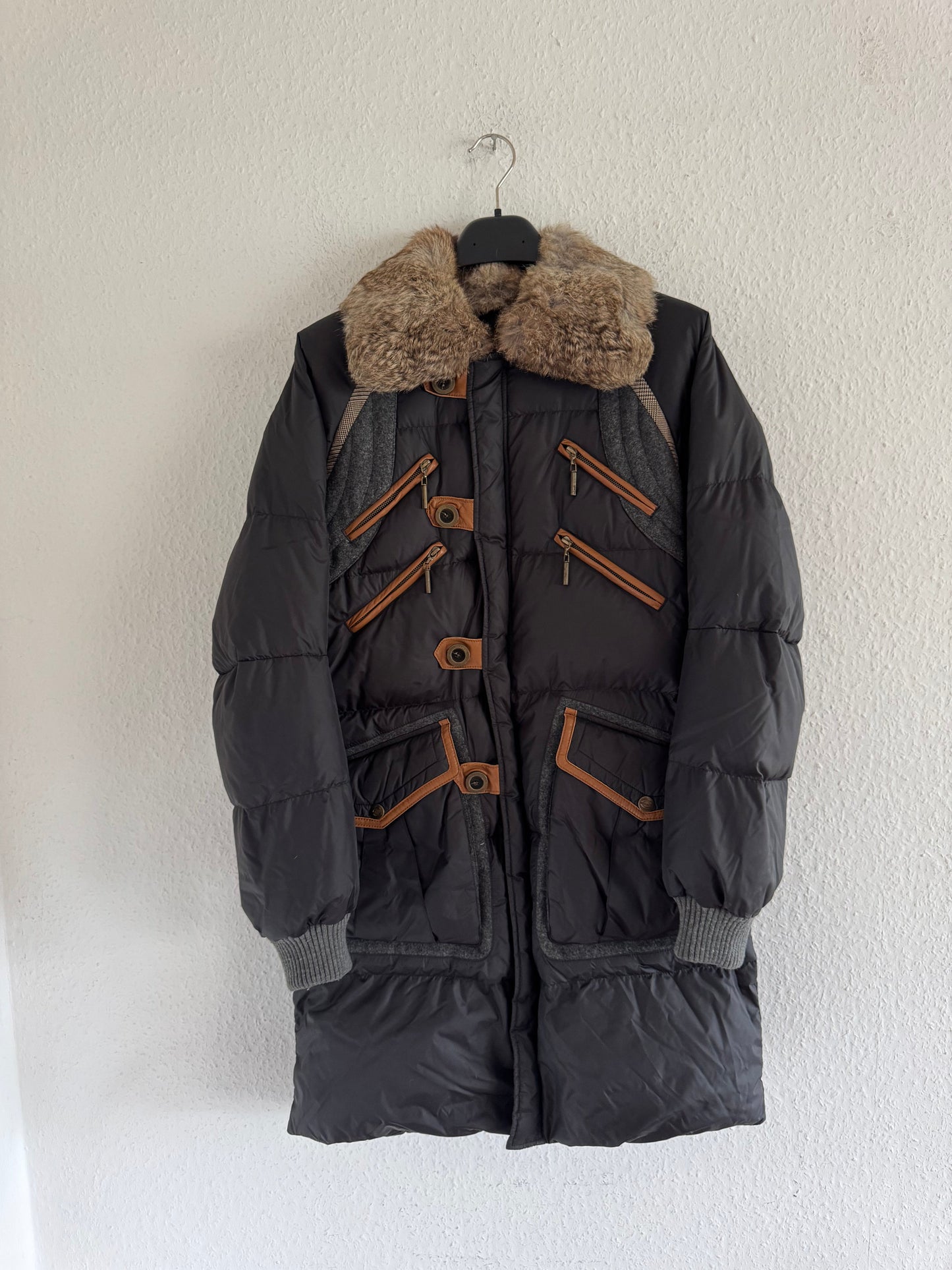 Just Cavalli Vintage Leather Trim Rabbit Fur Down Puffer Coat