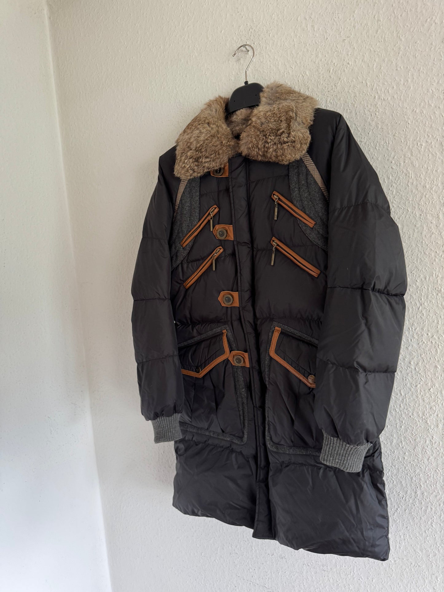 Just Cavalli Vintage Leather Trim Rabbit Fur Down Puffer Coat