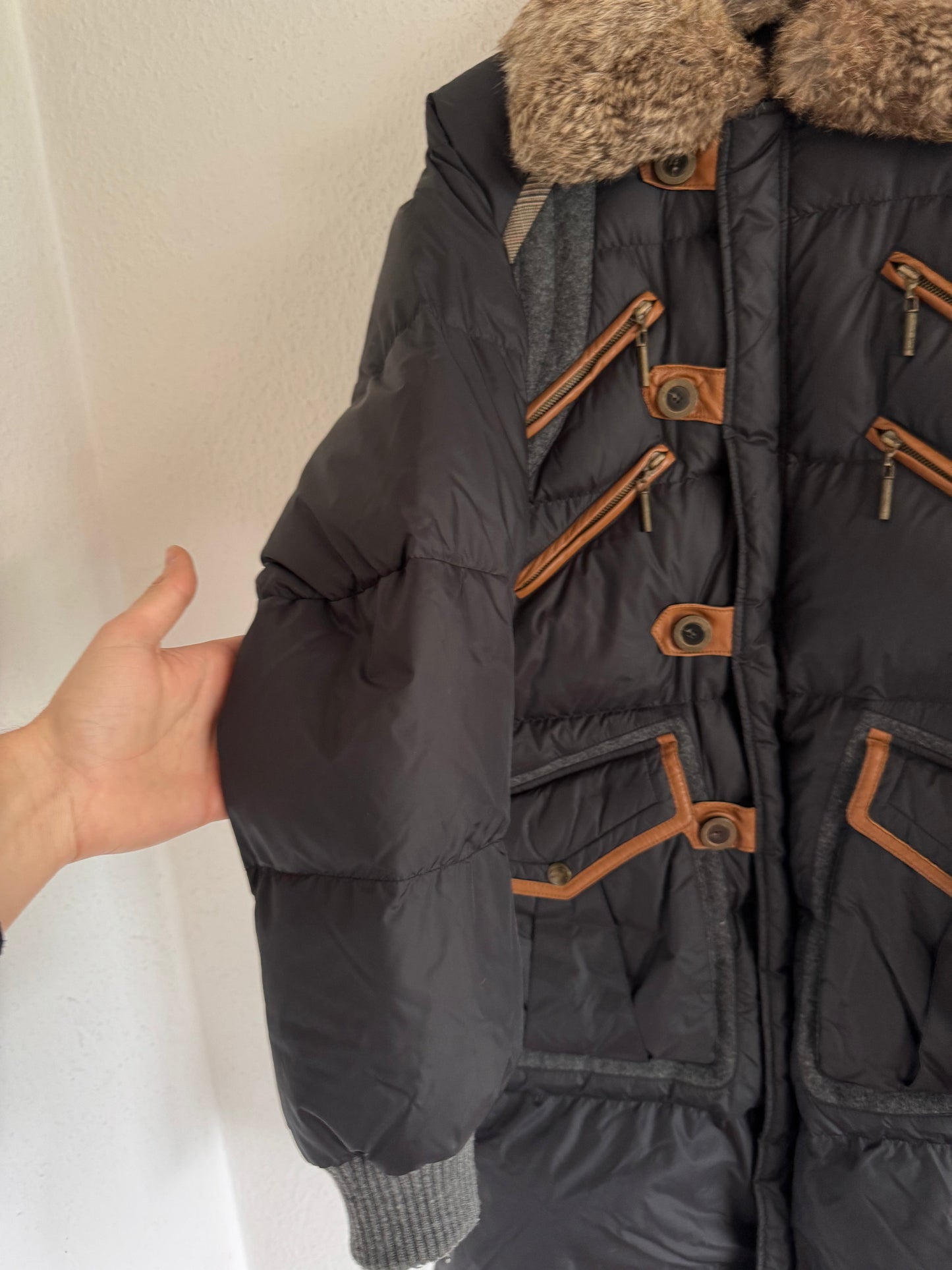 Just Cavalli Vintage Leather Trim Rabbit Fur Down Puffer Coat