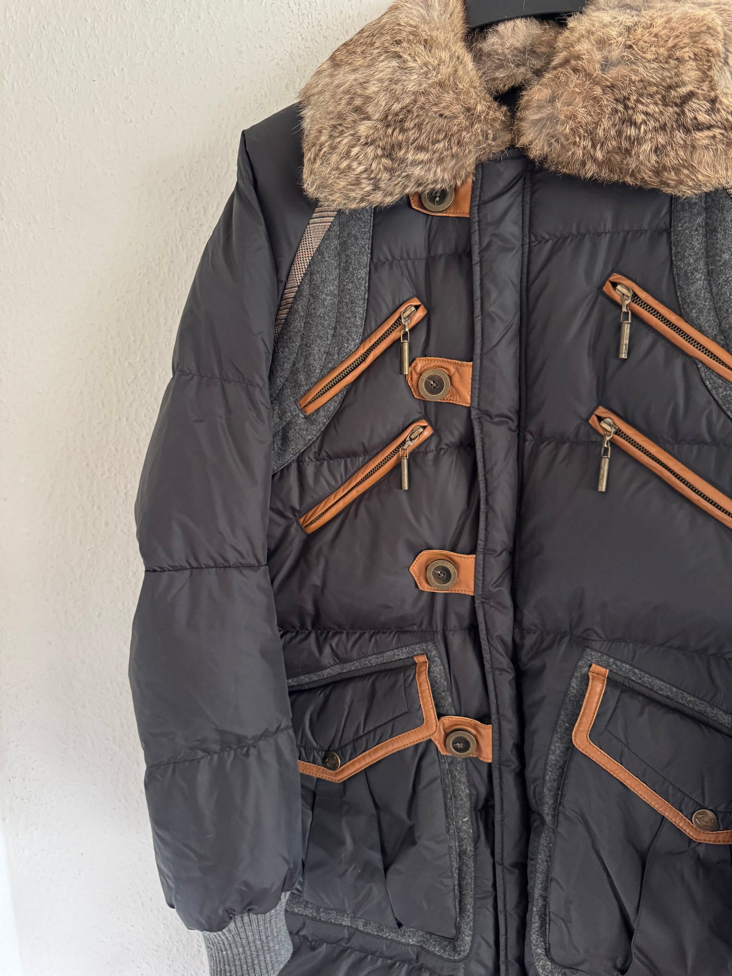 Just Cavalli Vintage Leather Trim Rabbit Fur Down Puffer Coat