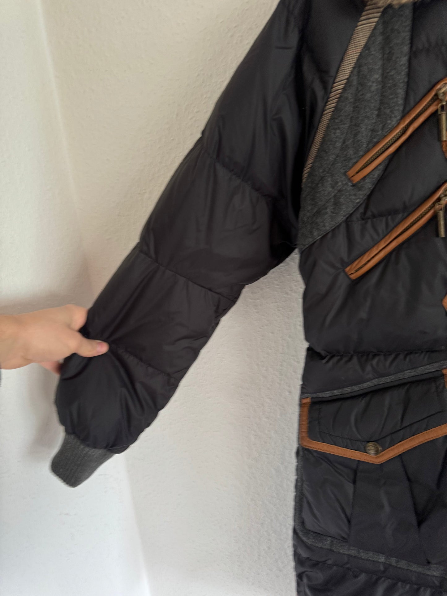 Just Cavalli Vintage Leather Trim Rabbit Fur Down Puffer Coat
