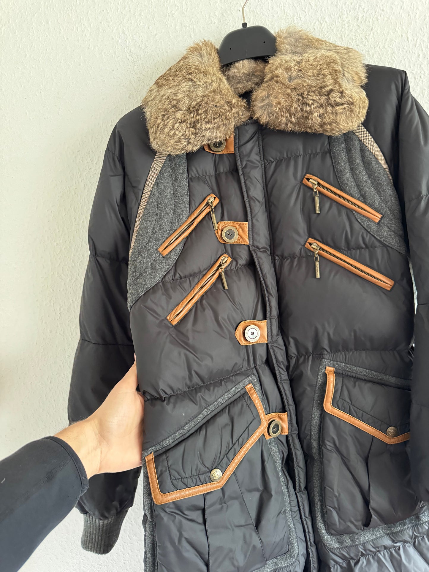 Just Cavalli Vintage Leather Trim Rabbit Fur Down Puffer Coat