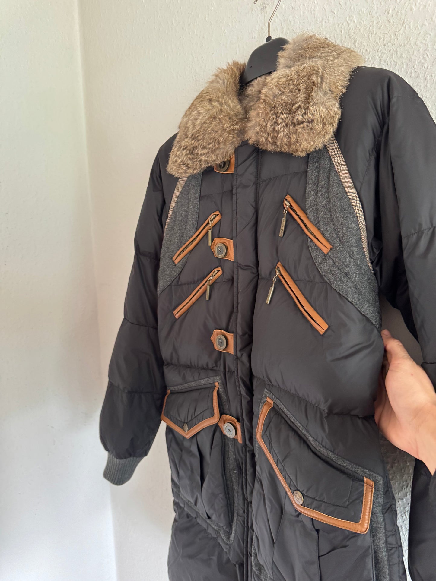 Just Cavalli Vintage Leather Trim Rabbit Fur Down Puffer Coat