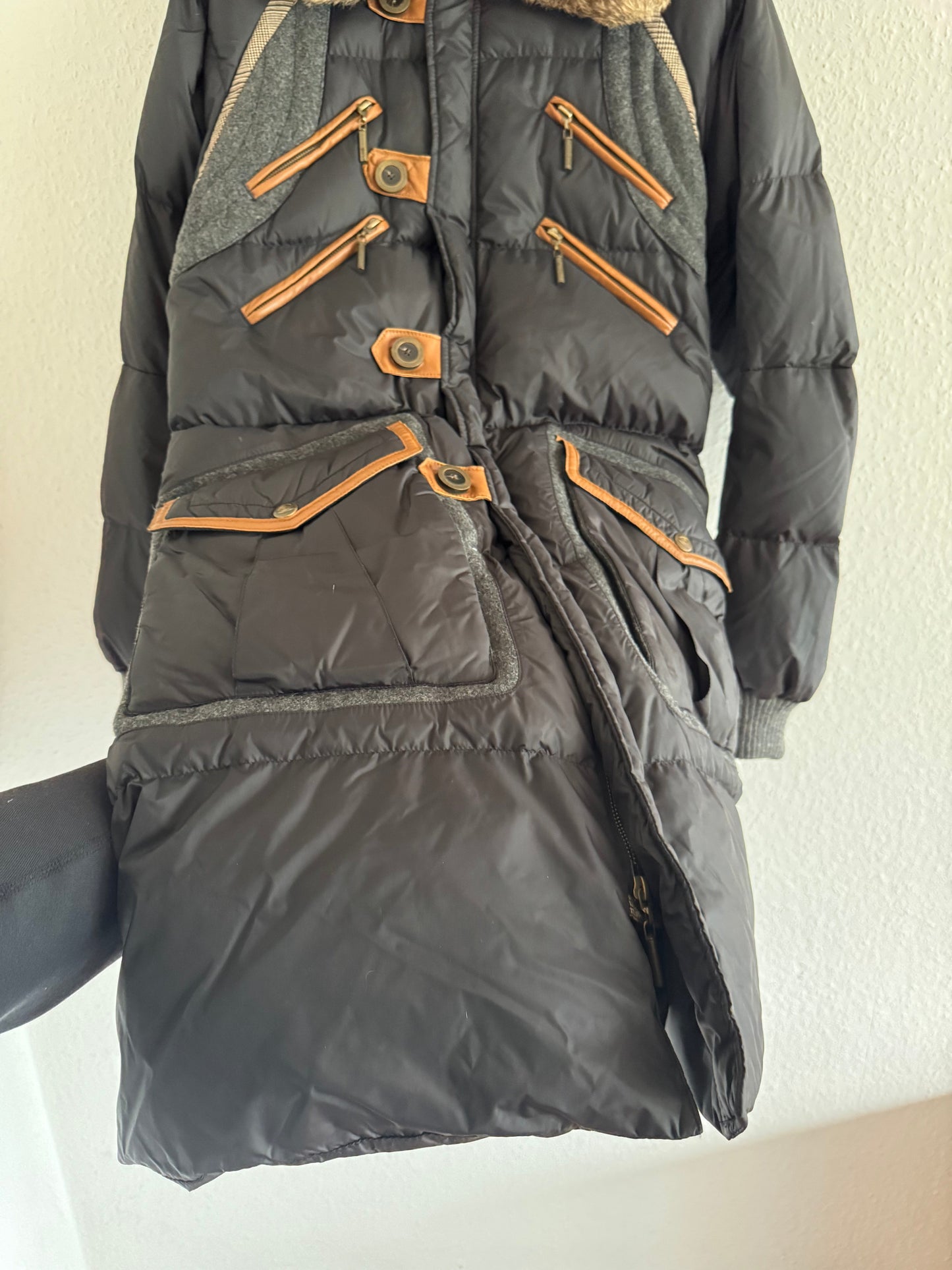 Just Cavalli Vintage Leather Trim Rabbit Fur Down Puffer Coat