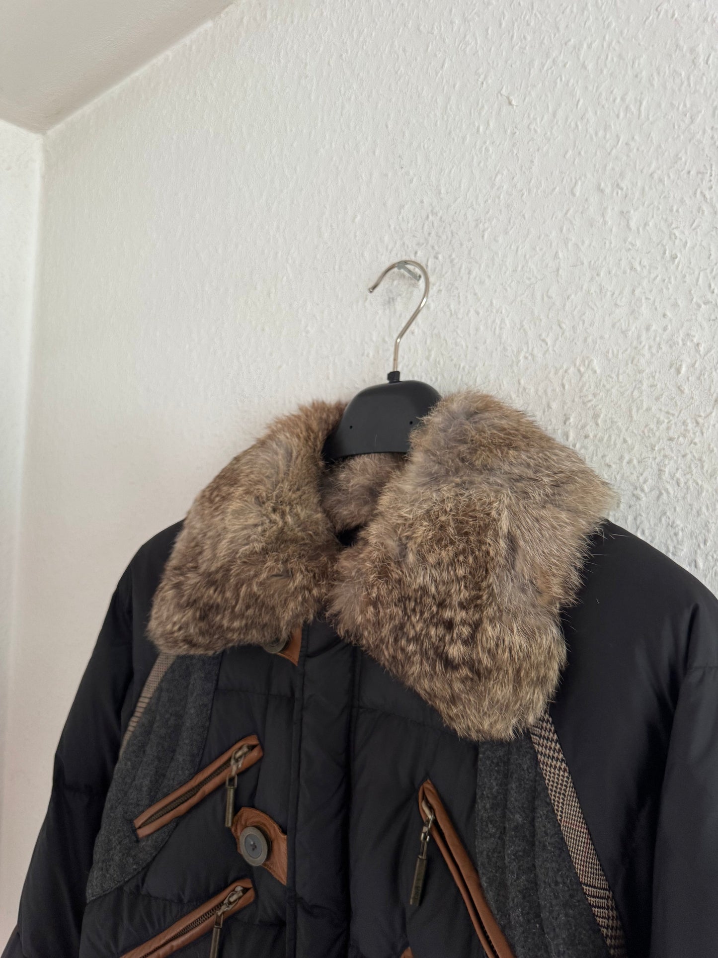 Just Cavalli Vintage Leather Trim Rabbit Fur Down Puffer Coat
